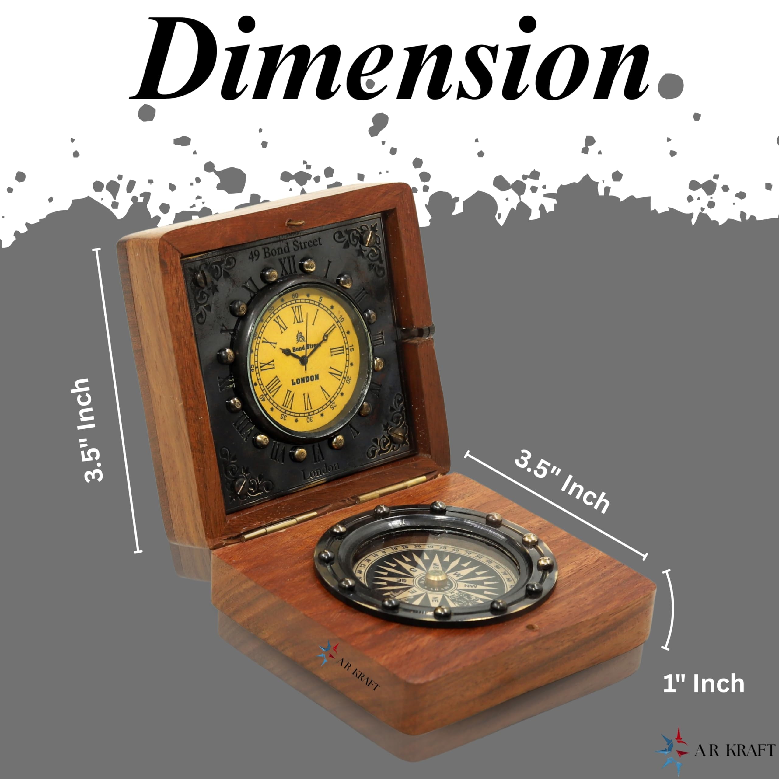 Vintage Wooden Compass and Clock Box Set – 3.5” Handmade Antique Nautical Gift for Men, Dad, Husband, Traveler – Desk Decor Collectible – Steampunk Maritime Keepsake