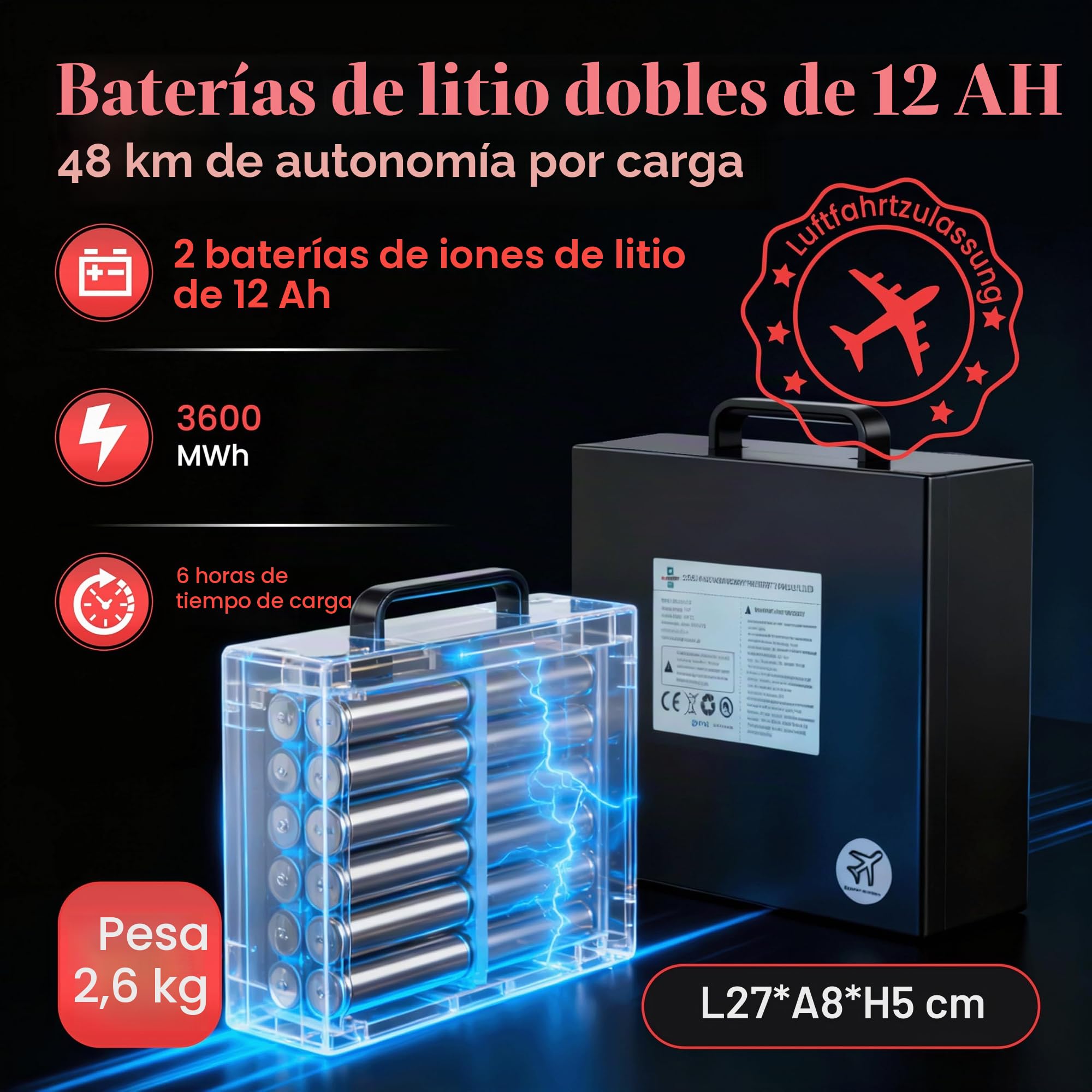 Silla de ruedas eléctrica plegable con batería doble, ligera, 48KM, con neumáticos de goma para todo terreno, iluminación frontal y trasera, aprobada para aviones