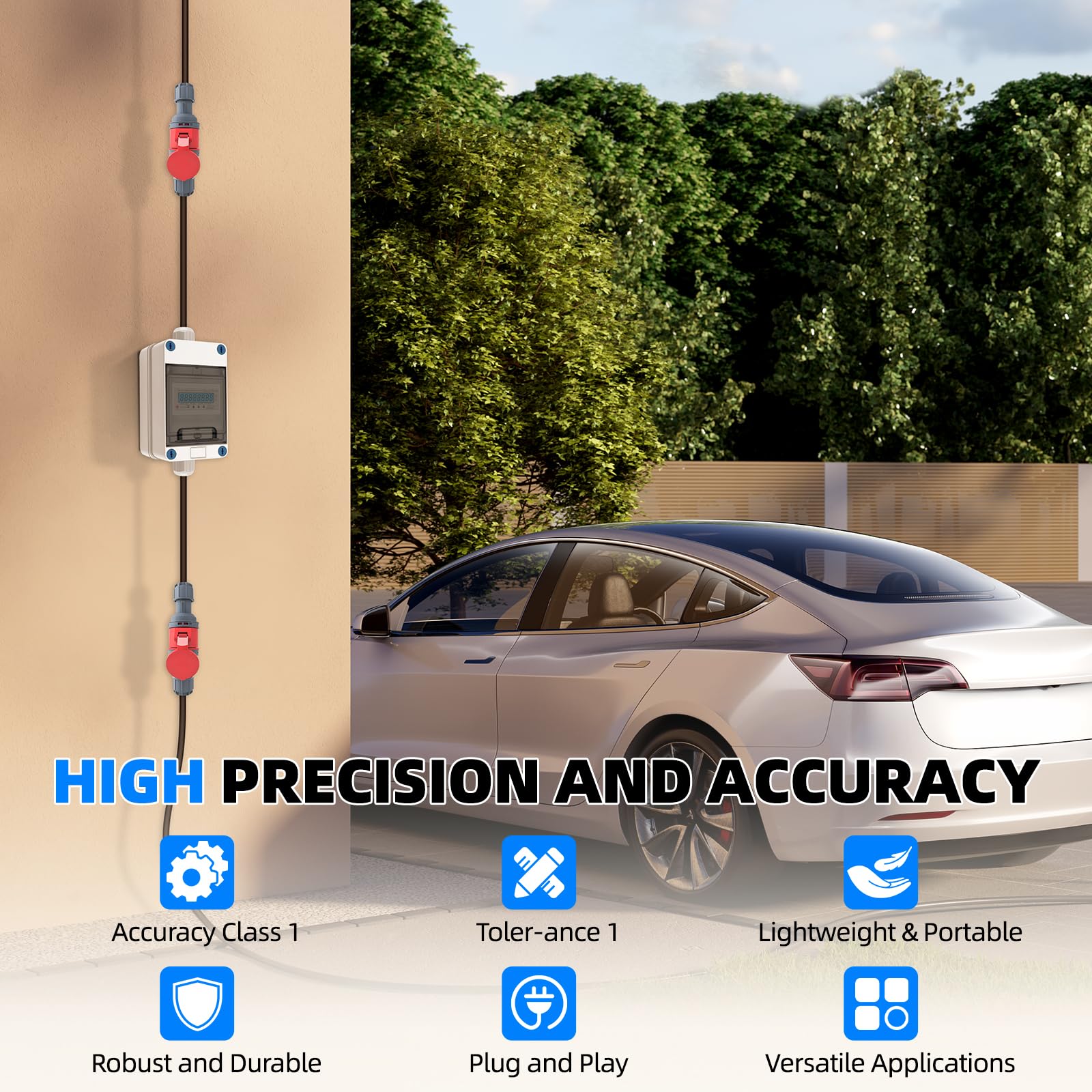 Contador Eléctrico Portátil 3 Fases 16A 400V, con Reset, Enchufe CEE | Contador Digital Trifásico, IP65 Contador Intermedio, para Camping Autocaravana Coche Eléctrico, Cable 2m 5 Polos