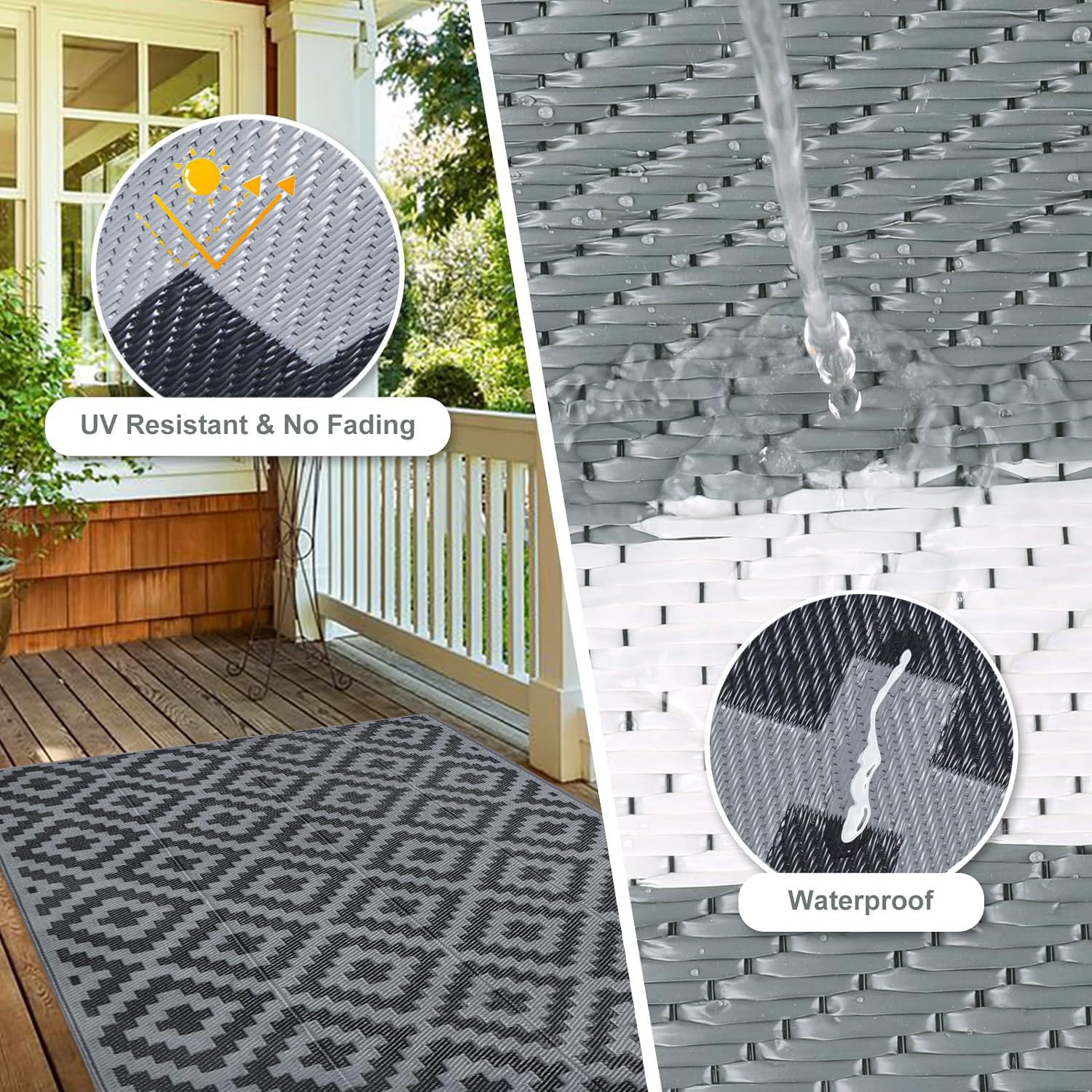 Tapis Exterieur Noir et Gris 120x180 Tapis Plastique Réversible Petite,Tapis de Sol Camping Car Exterieur Portable,Tapis Imperméable Rectangulaire Pliable pour Terrasse Jardin Balcon Plage