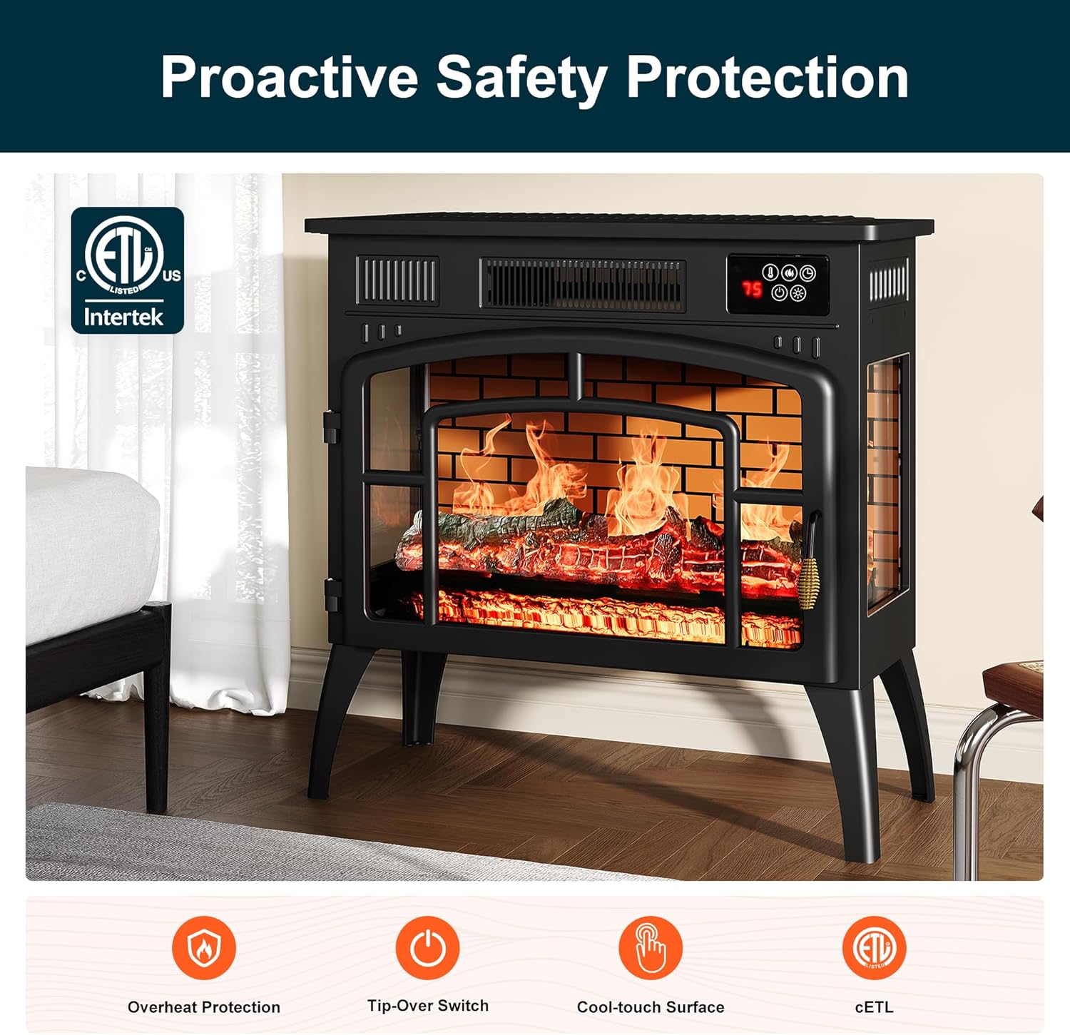 Royalcraft Electric Fireplace Heater with safety icons for overheat protection, tip-over switch, cool-touch surface, and cETL certification