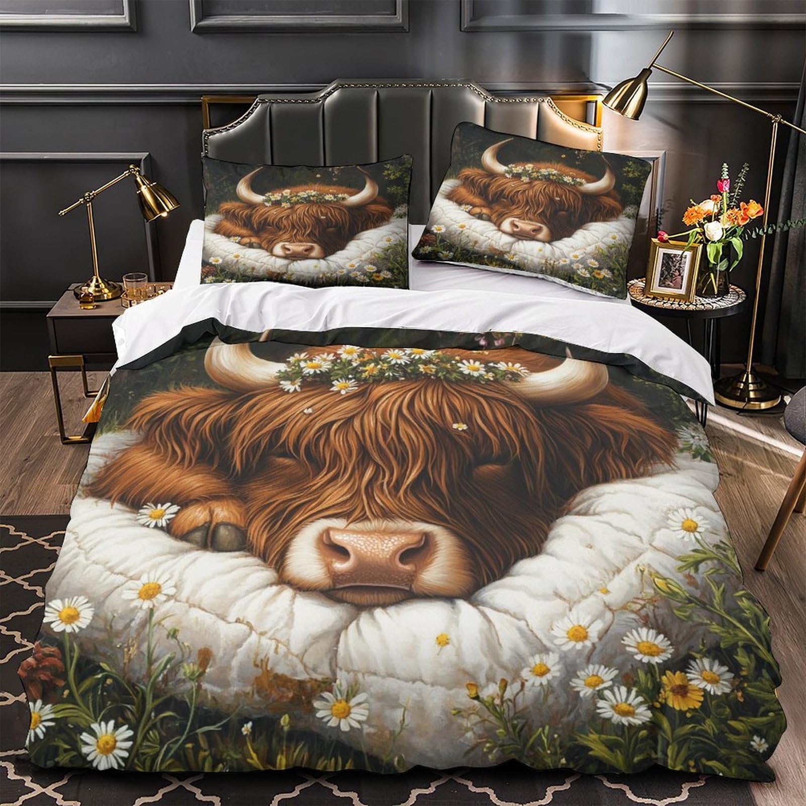 Housse de Couette Vache des Highlands 3D Microfibre 220x240cm avec 2 Taies d'Oreiller