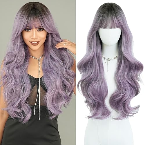 PARK YUN Long Wavy Ombre Purple Wigs with Bangs 28 Inch Light Purple Hair Wig with Dark Root Natural Looking Looking Synthetic Heat Resistant Wigs for Women - Ombre Purple - 28IN