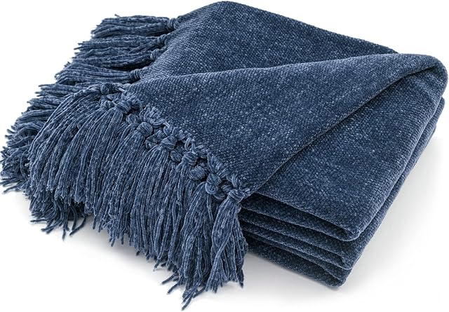 RECYCO Chenille Throw Blanket with Tassels Soft Cozy Sofa Chair Bed Gift, 152x127cm, Navy