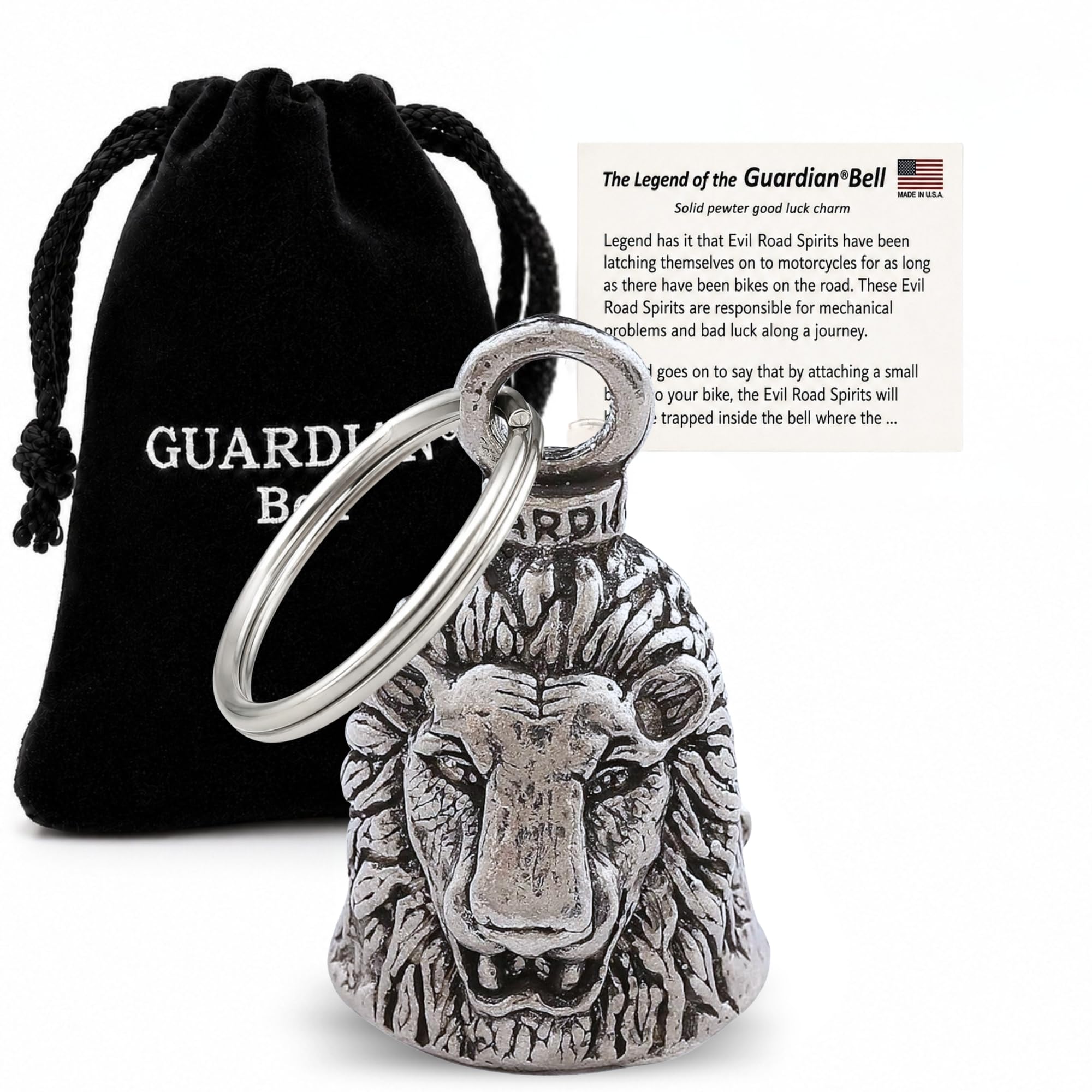 Guardian Bell Lion Good Luck Bell w/Keyring &amp; Black Velvet Gift Bag | Motorcycle Bell | Lead-Free Pewter | Made in USA
