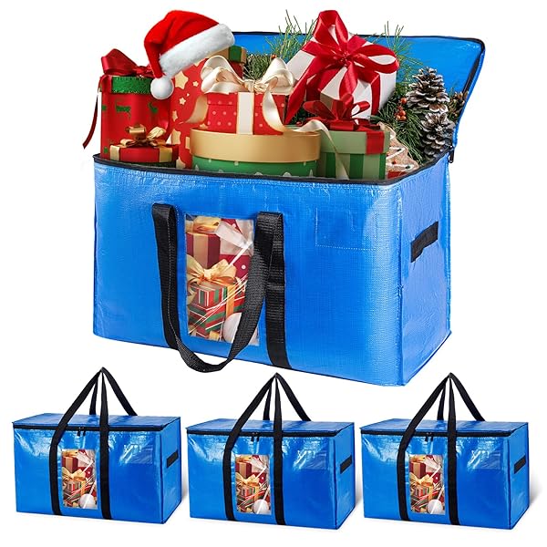 TAILI Extra Large Moving Bags, 4 Pack Blue Heavy Duty Totes For Storage with Visible Window, Wrap Around Handles, Storage Bags for Space Saving, Alternative to Moving Boxes