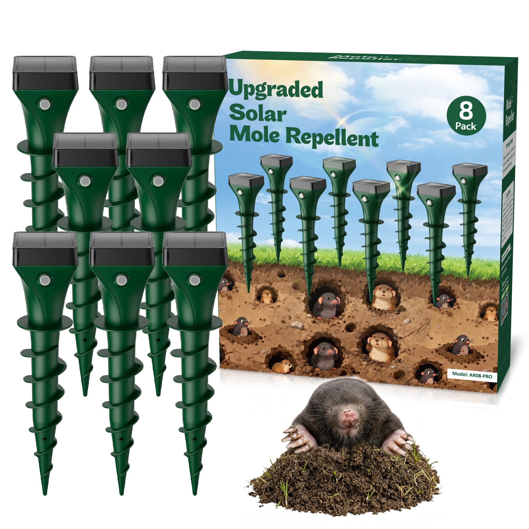 Photo 1 of G-Jyuncyou Mole Repellent Solar Powered, 8 Pack Gopher Repellent Ultrasonic for Lawns, IP65 Waterproof Mole Deterrent for Yard, Outdoor Pest Control for Groundhog, Vole, Armadillo, Chipmunk, Snake