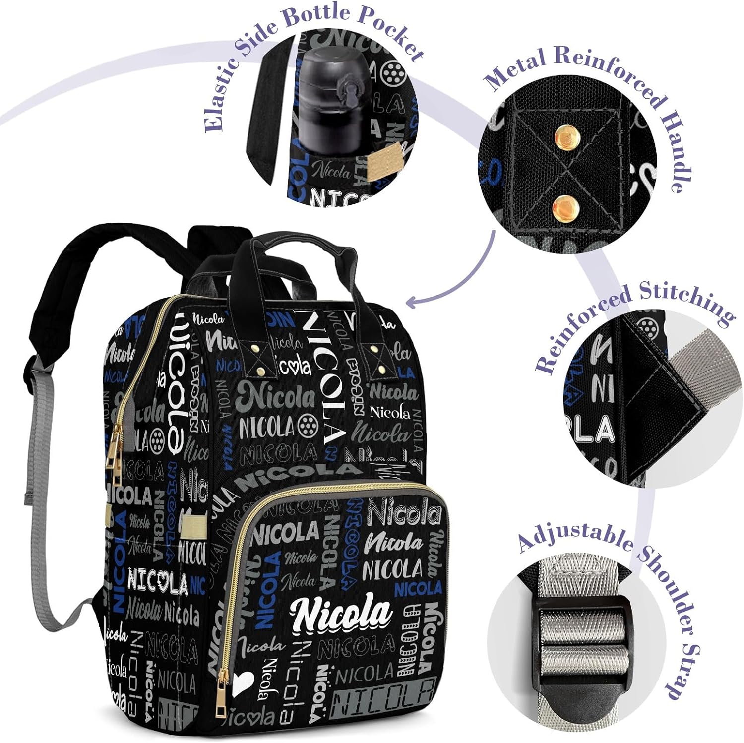 Large Capacity Custom Diaper Bag with Name, Multifunction Personalized Diaper Bag Backpack for Baby Girl Boy, Fashion Shoulder Bag Waterproof Casual Daypack Travel Backpack for Mom