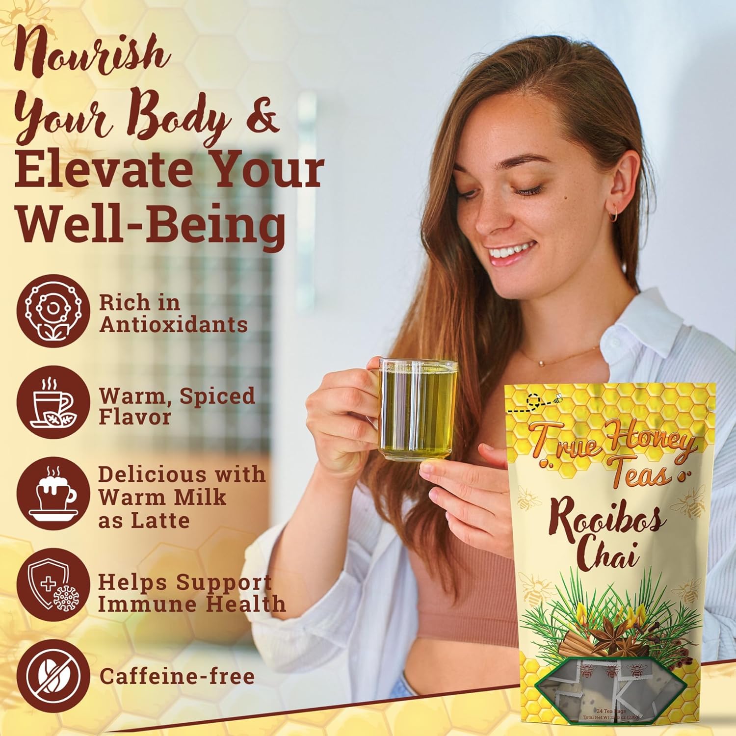 True Honey Rooibos Chai Tea Bags - Providing Herbal Wellness - All Natural Organic Rooibos, Cinnamon, Clove, Coriander, Anise and Fennel - Blended with Honey Crystals Blended - 24 Count
