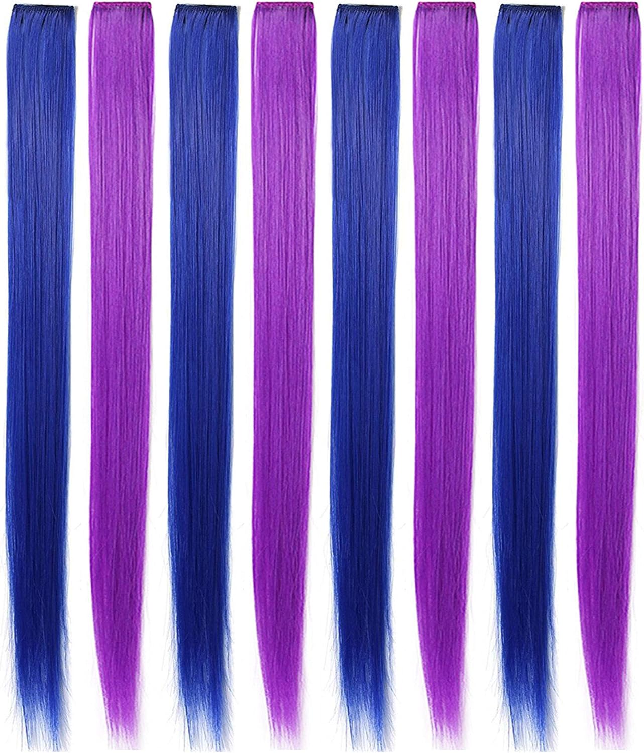 ZHAOWWEI 8 PCS Princess Colorful Extensions Multi-Colors Party Highlights Streak Synthetic Hairpieces Clip-In Colored Hair Extensions 20 Inch (Blue Purple)