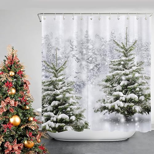 Miniatura 5 de GOOESING Cortina de ducha de árbol de Navidad, bosque de invierno, pino, copo de nieve, nevada, escena natural, cortinas de ducha para decoración de