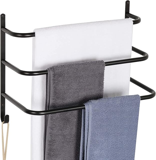 Towel Racks for Bathroom 3-Tier Towel Bars Wall Mounted Matte Black Towel Holder with Hooks for Bathroom Toilet Bedroom Wall 16 Inch