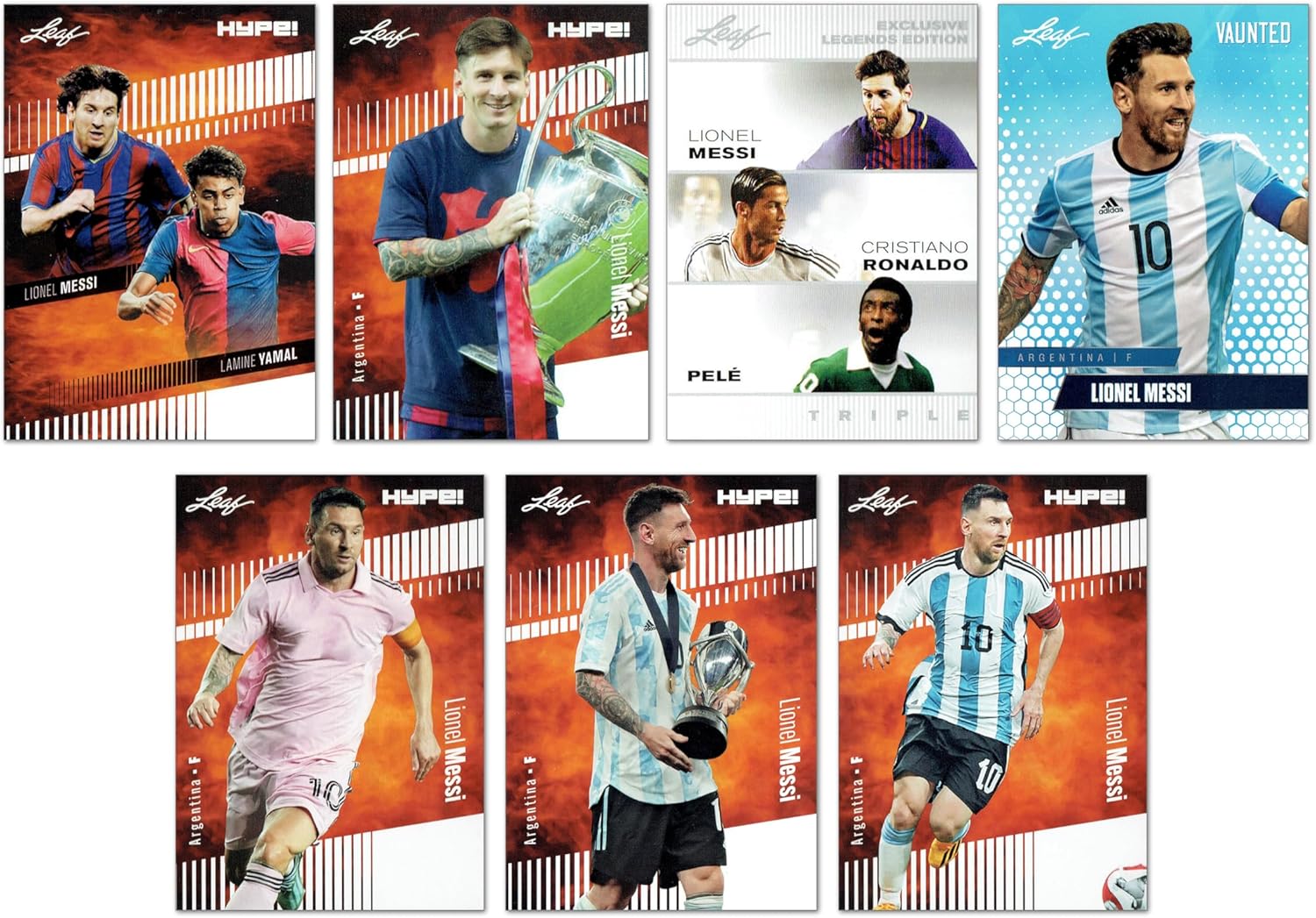 Lionel Messi Superfan 7-Card Lot Leaf HYPE! & Vaunted Argentina Soccer Superstar