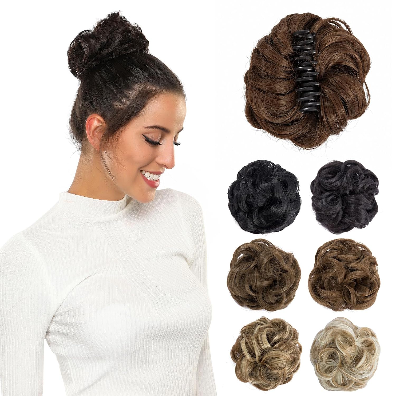 Rose bud Messy Bun Hair Pieces for Women Bow Claw Clip Faux Hair Buns Curly Light Auburn mix Dark Auburn