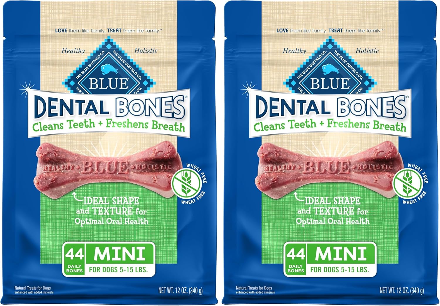Blue Buffalo Dental Bones Mini Natural Dental Chew Dog Treats Bag,12oz. Bag,(Pack of 2)