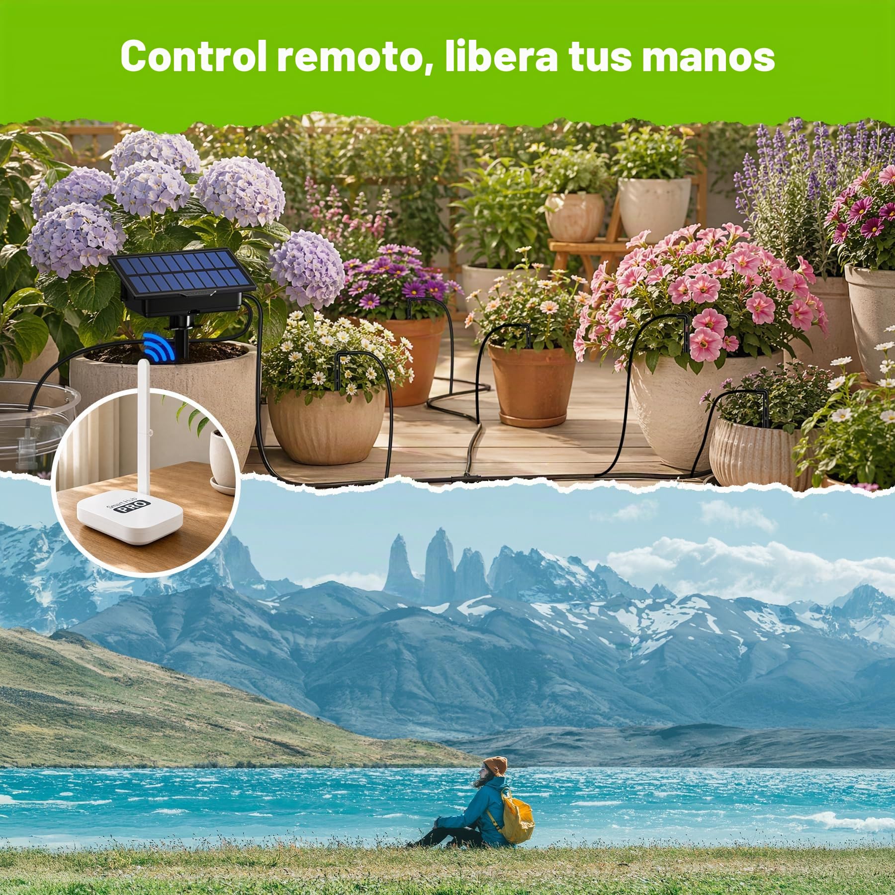 RAINPOINT Kit de Riego por Goteo WiFi Automático Solar, Nuevo Diseño de Manguera para Distribución Uniforme del Agua, Sistema de Riego por Goteo con 90 modos de temporizador, control remoto App