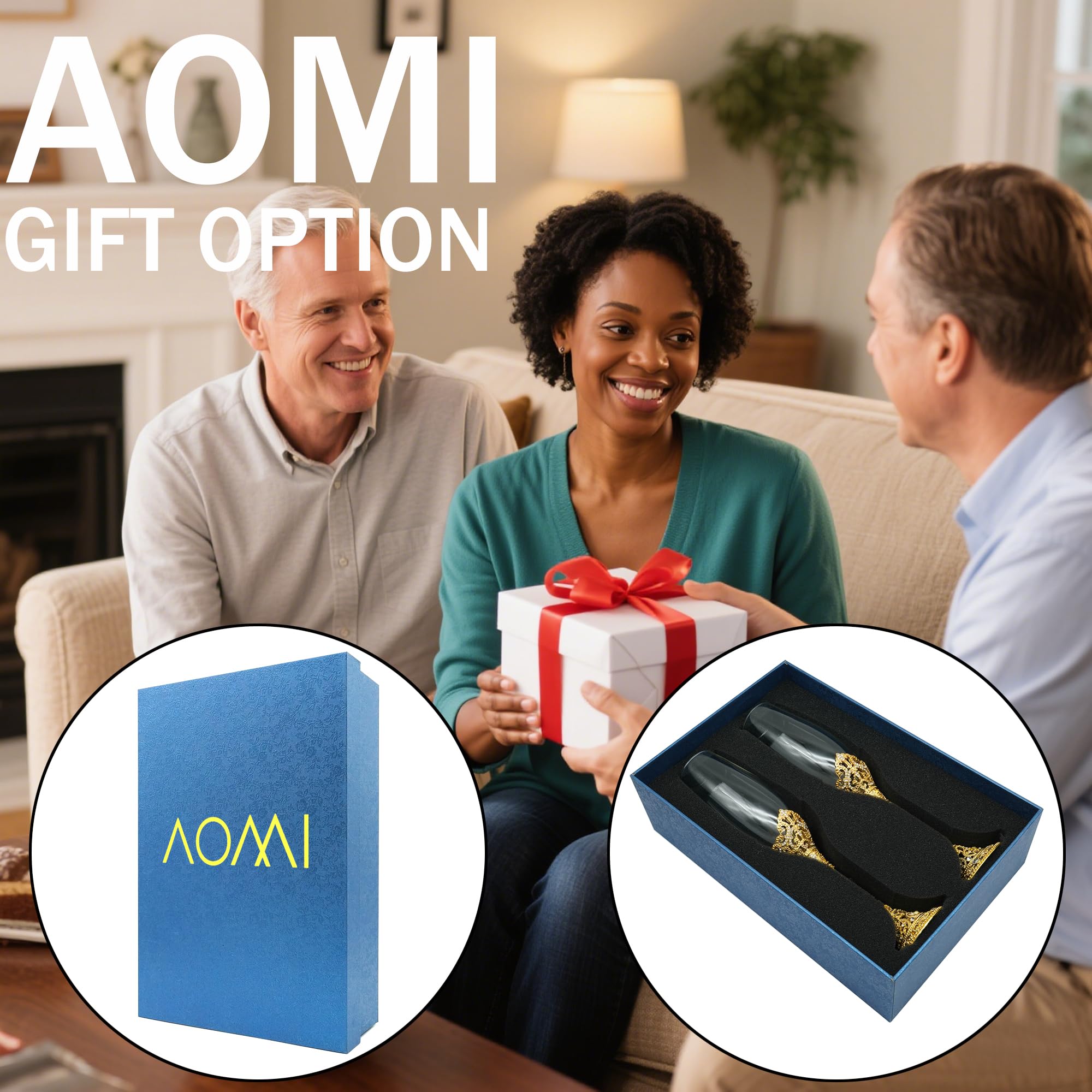 AOMI Copas de champán de boda de cristal de lujo, juego de copas de champán con tachuelas doradas de 7 onzas, elegante par de flauta grabada con caja de regalo, perfecto para bodas, aniversarios y
