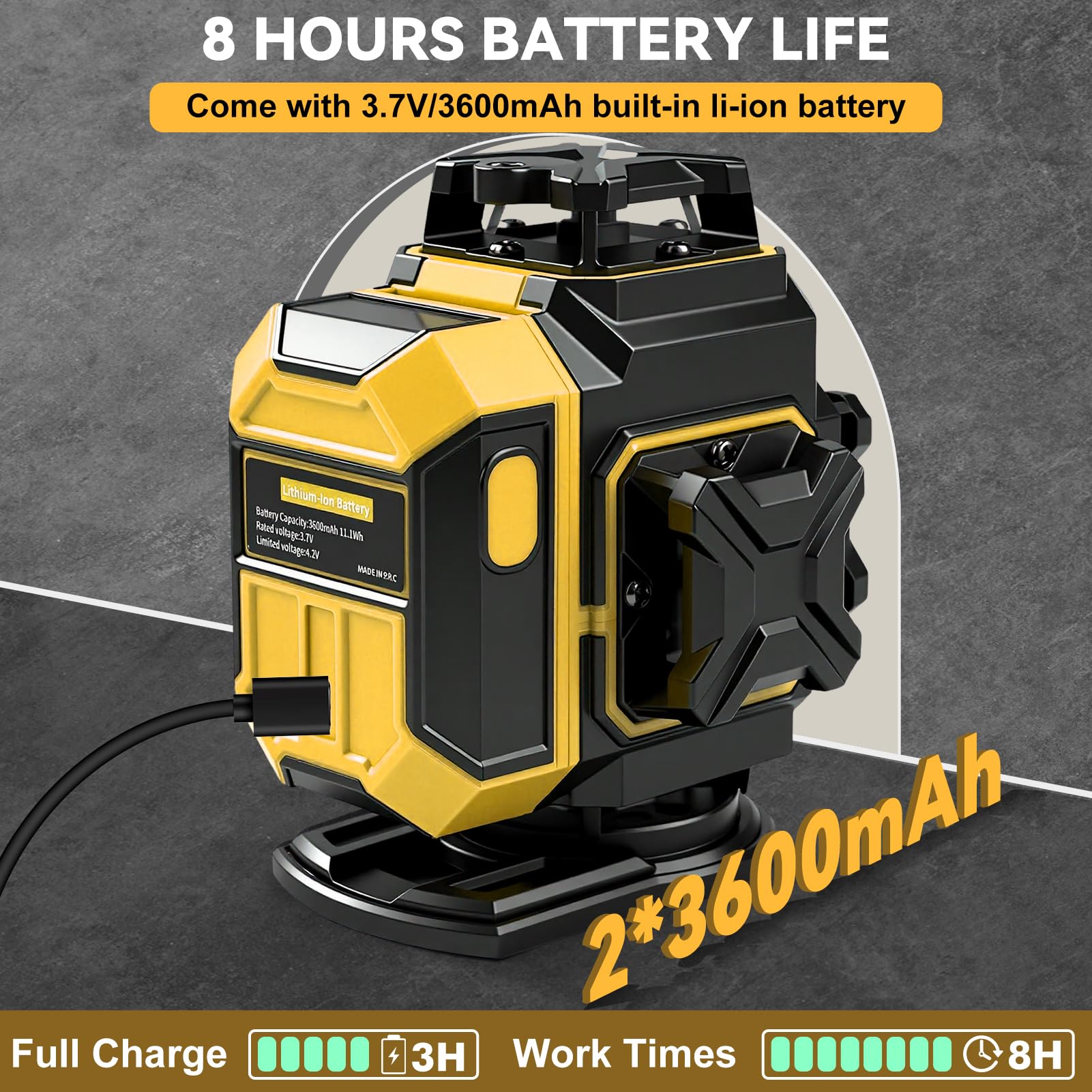 Livella Laser Autolivellante 360 x 4, Precisione ± 1 mm/5 m, 4D 16 Linee Livello Laser con Treppiede, Laser Verde, Visibilità Eccezionale a 25 m, Supporto Rotante, 2 x 3600mah Batteria(Giallo)