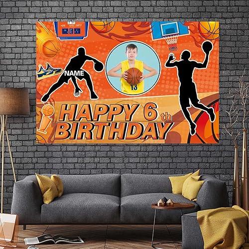 Miniatura 5 de Pancarta personalizable para decoración de fiesta de cumpleaños 6 6 cumpleaños de baloncesto, decoración de fondo deportivo de baloncesto de feliz 6