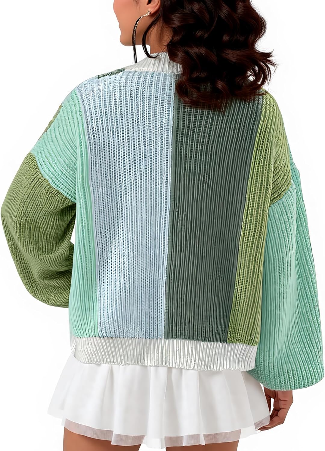 Women's Color Block Open Front Rainbow Light Cardigan Long Sleeve Chunky Knit Sweater Loose Cropped Tops - Image 2