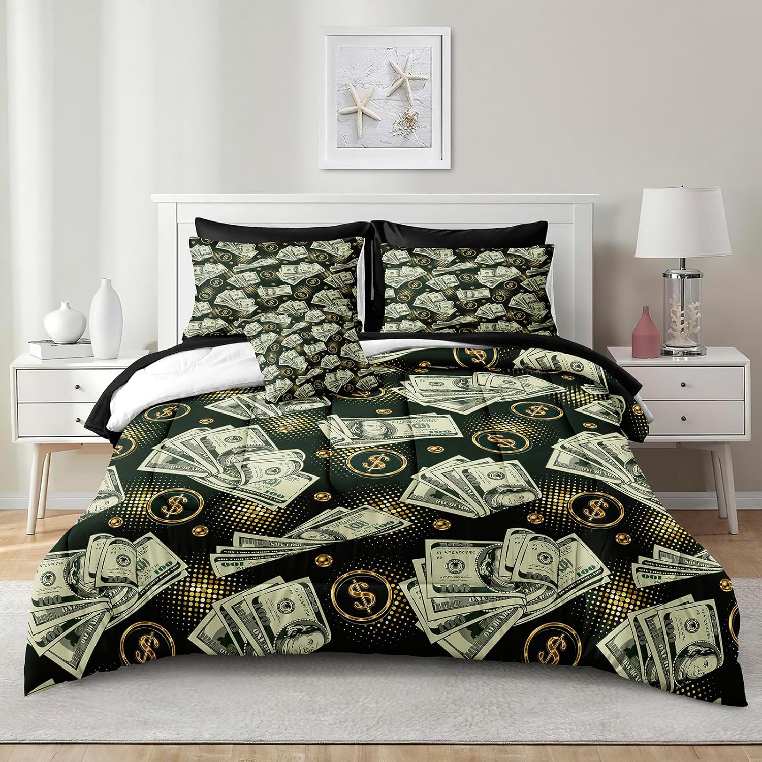 Money Bedding Comforter Set Queen Size 8 Pieces Dollar Home Decor Black Sheet Set Dollar Bill Bed in a Bag with 1 Cushion Cover (Queen, Dollar)