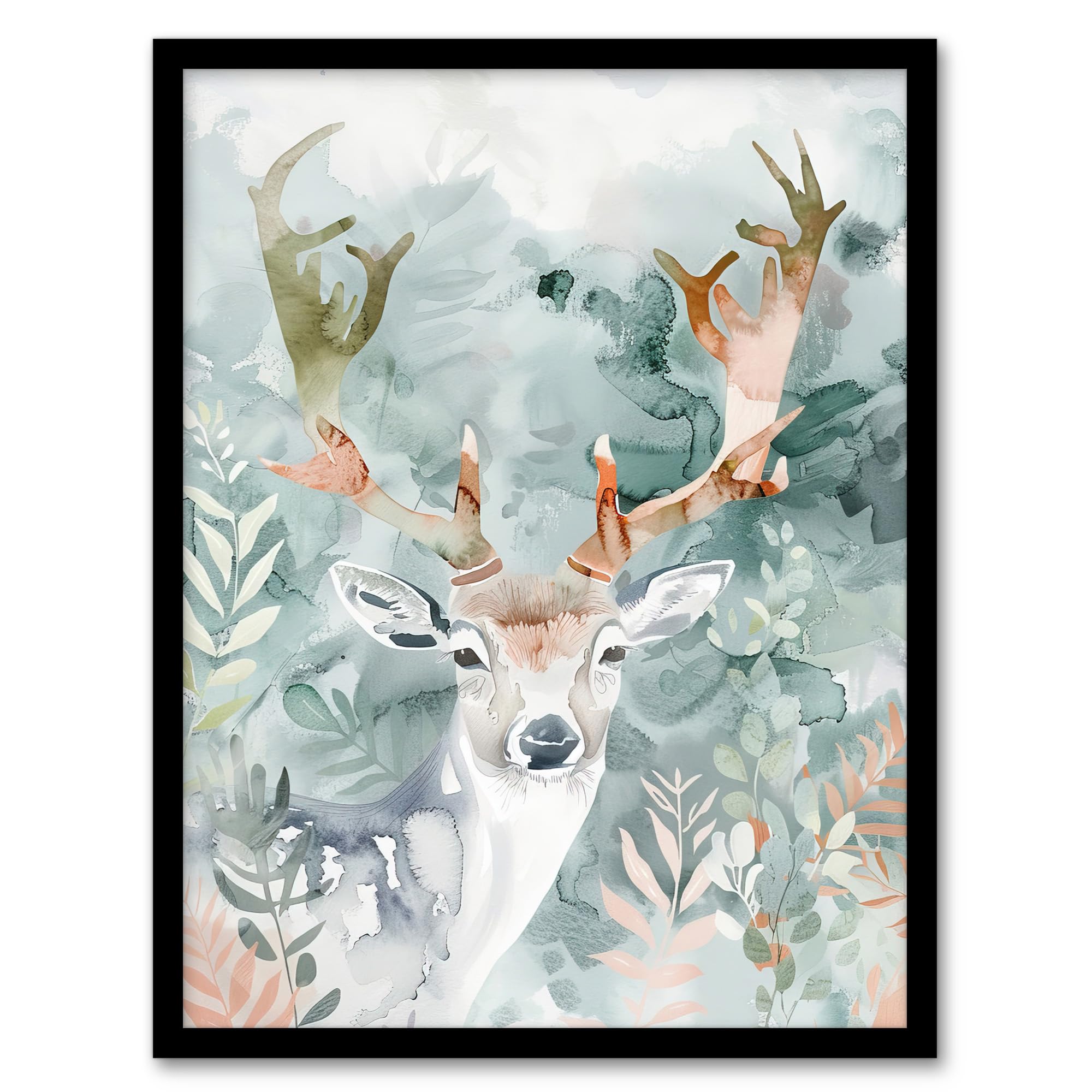 Artery8 Blue Stag In Forest Modern Watercolour Light Nature Framed Art Print A4