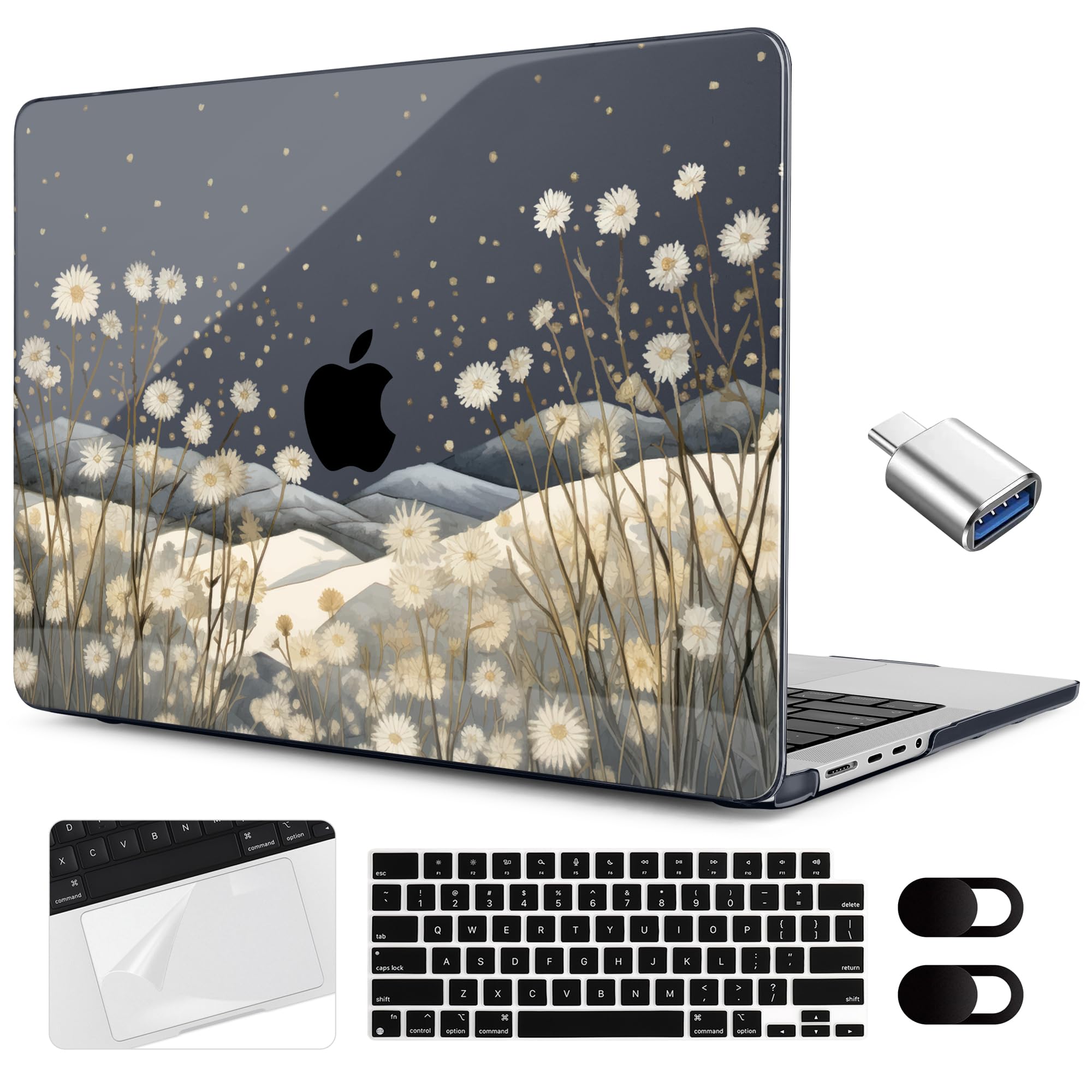 MEEgoodo Case for M4 MacBook Pro 16 inch Case 2024 2023 2021 (A3403/A3186/A2991/A2780/A2485) M3 M2 M1 Pro/Max Chip, Laptop Hard Shell Cases with Keyboard Cover & Trackpad Film, Starry Wildflowers