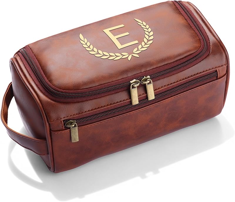 Necessaire masculina OXYEFEI personalizada com inicial, couro sintético PU, marrom — 1 unidade