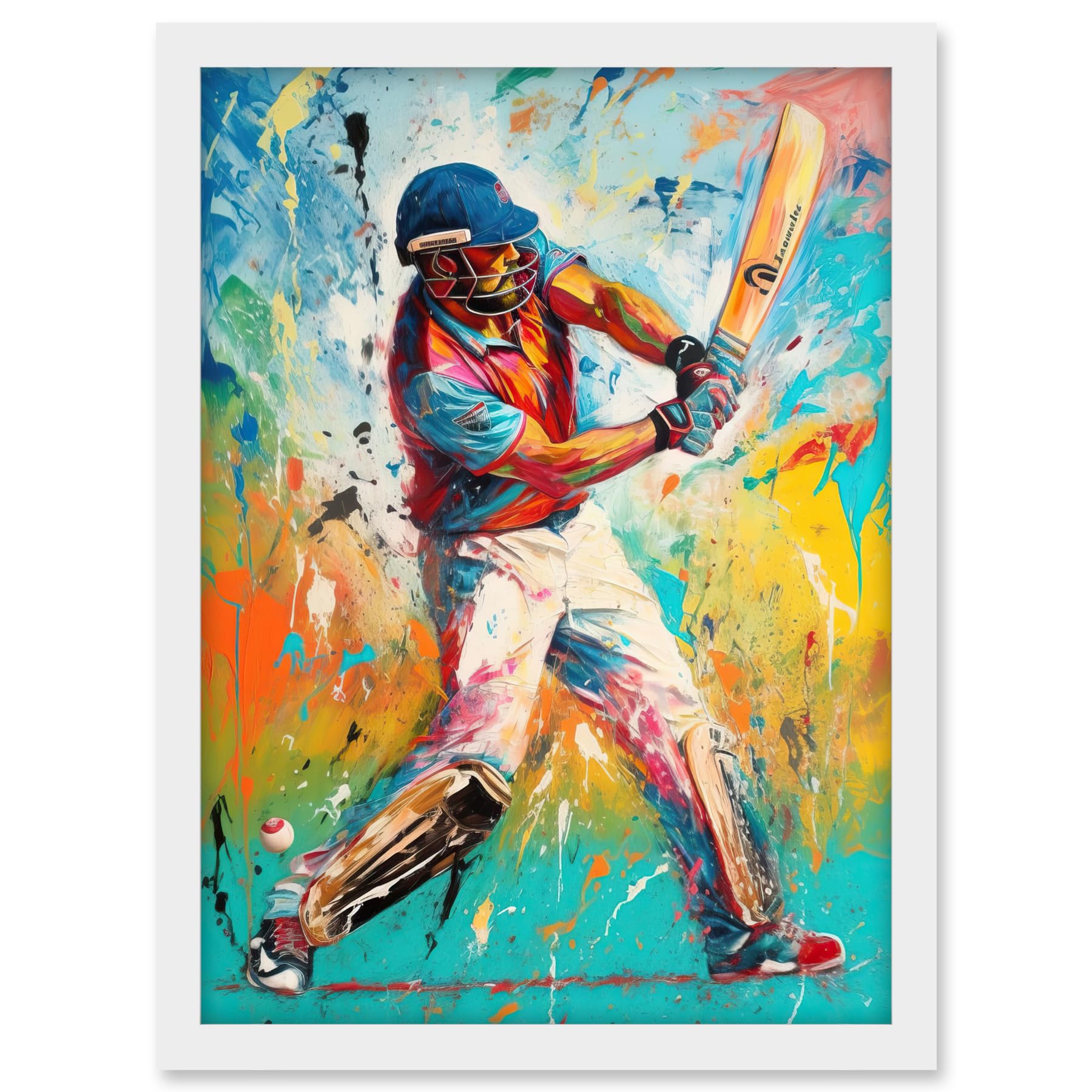 Artery8 Cricket Shot Vibrant Cricketer Batsman Portrait Artwork Framed A3 Wall Art Print