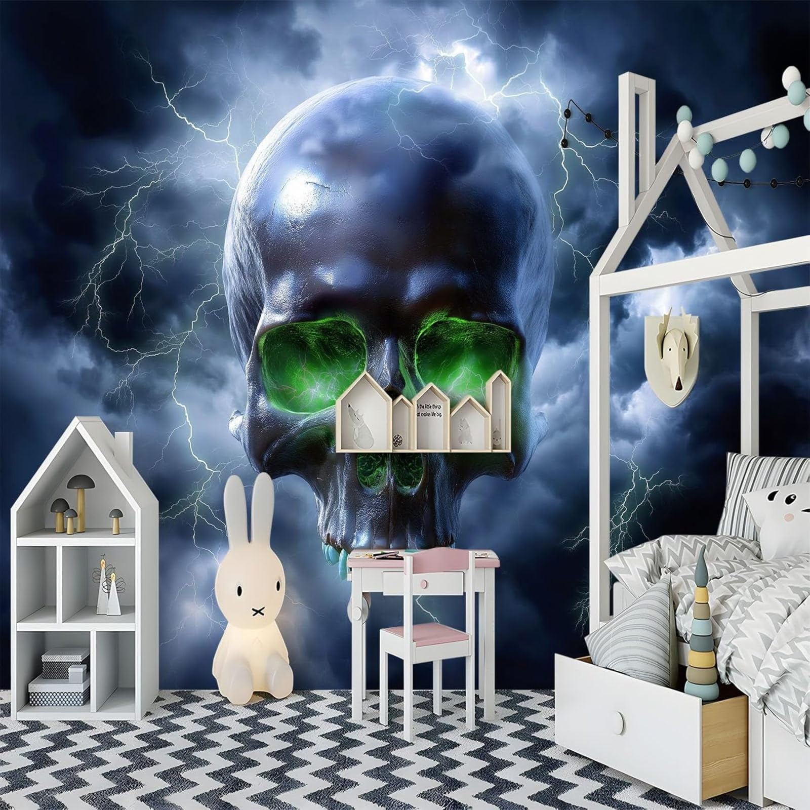 3D Gothic Skull Photo Wallpaper, Dark Fantasy Lightning Bolt Wall Mural, Grey, Non-woven Wall Decoration for Bedroom, Living Room, Sofa Background, 350cm x 256cm Stickers - Frameless Painting - Poster
