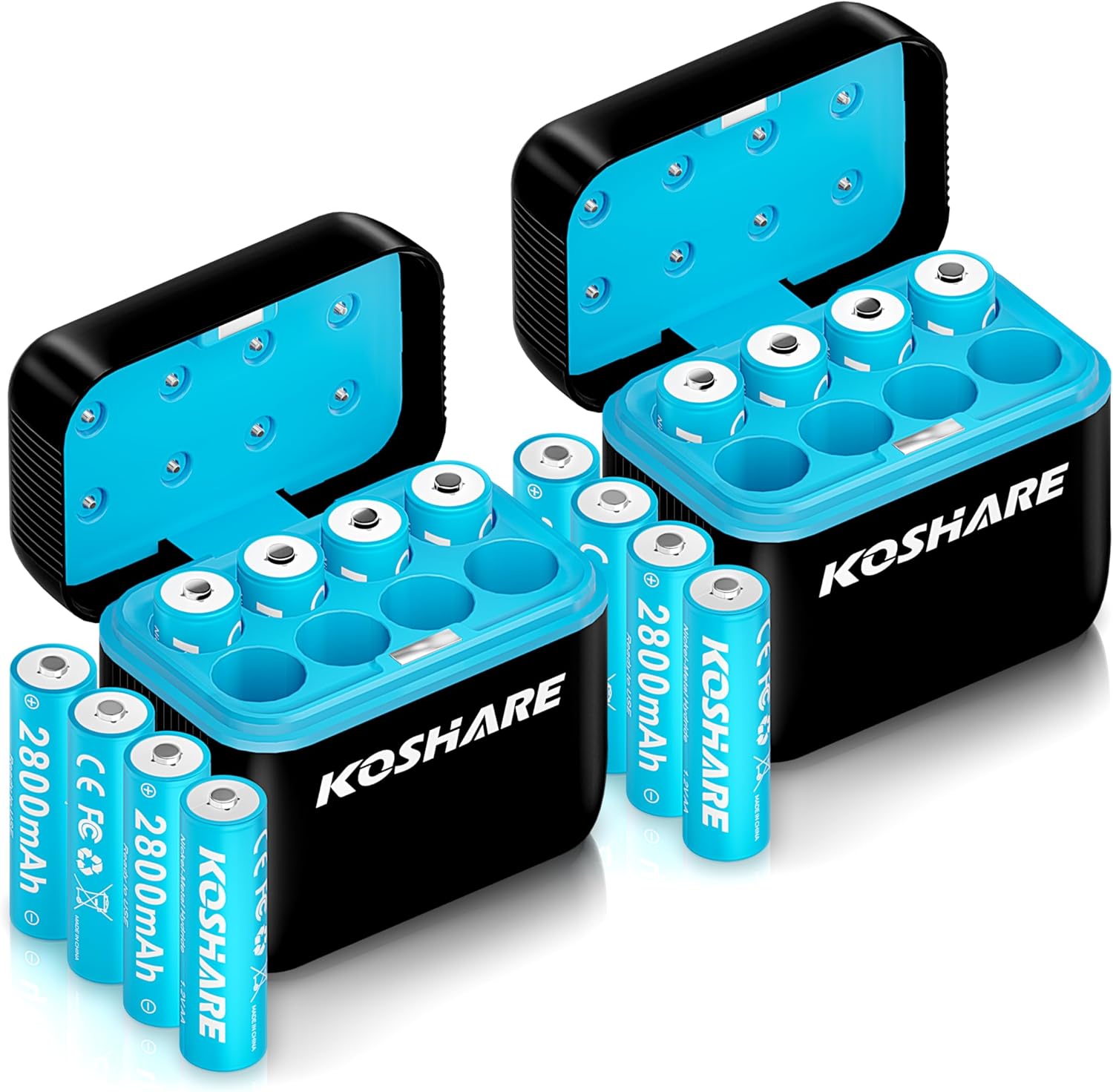 16Pcs Rechargeable AA Batteries with Chargers,1.2V Ni-MH Batteries with 16 * 2800mAh AA High Capacity,800 Cycles,Pre-Charge with Type-C Charger and 8 Slot Charger(2 Packs)