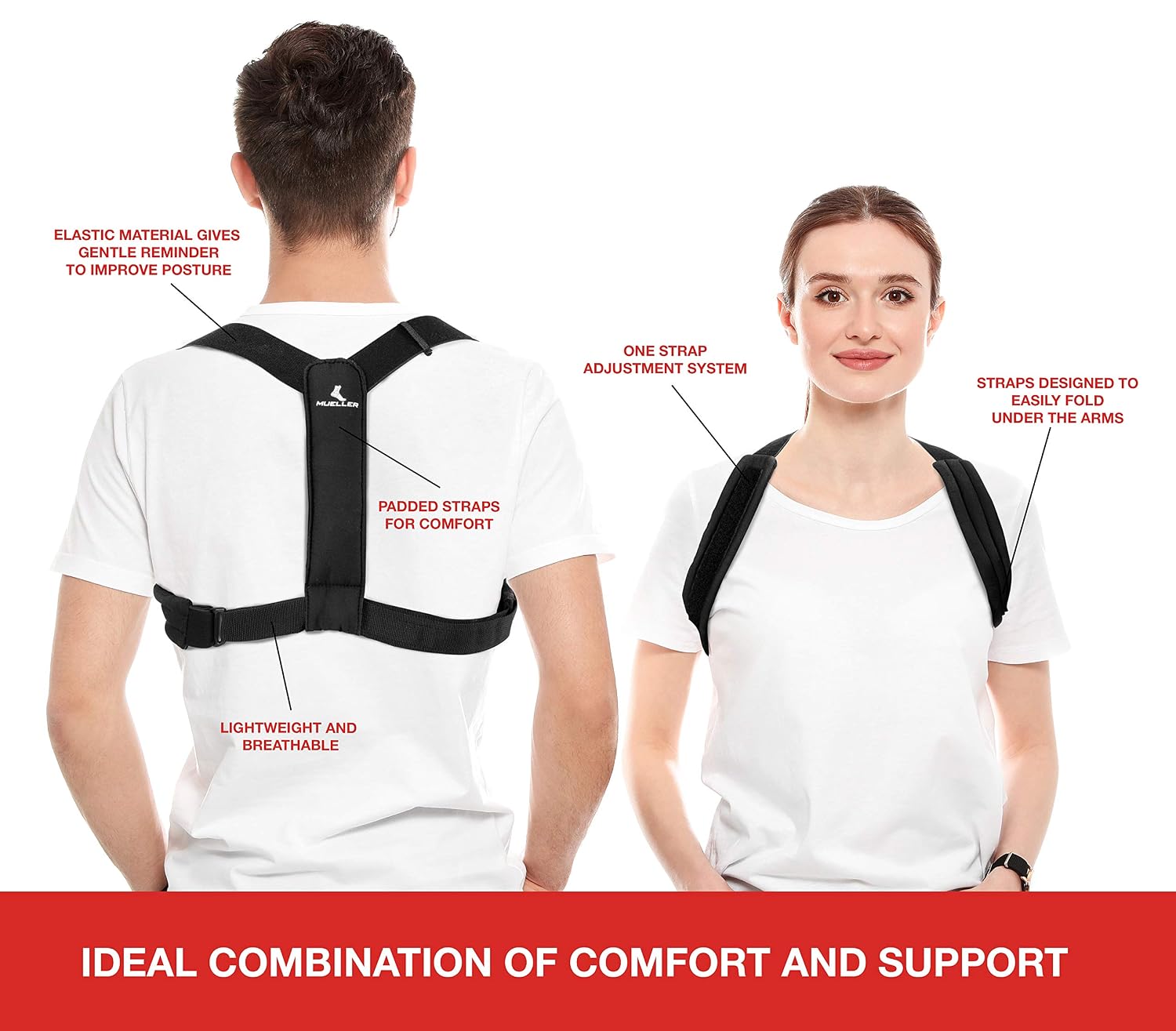 MUELLER Posture Corrector for Women and Men, Adjustable, One Size Fits Most | Back Brace for Improving Posture and Support of The Upper Back, Black