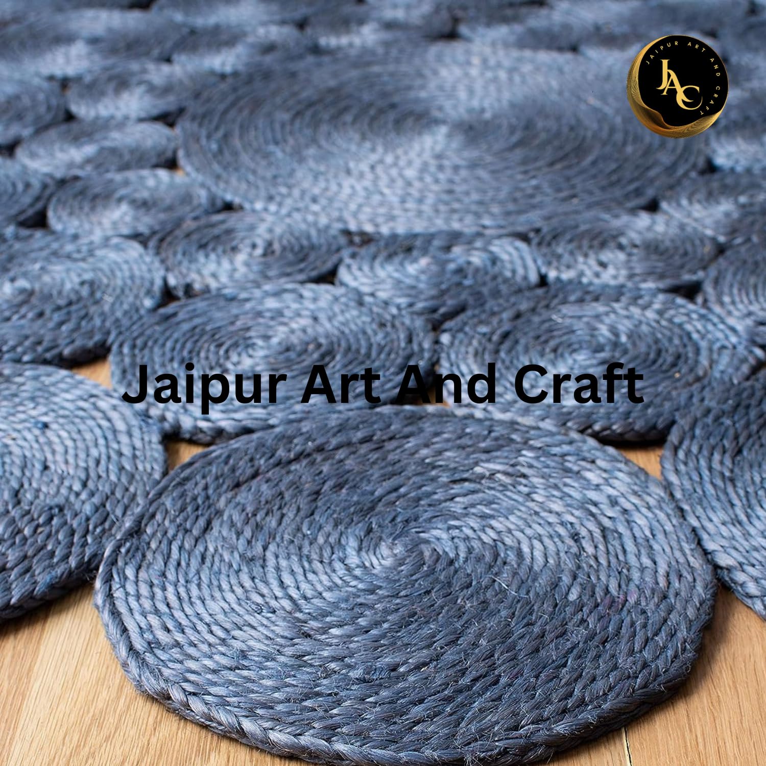 Runder Blauer natürlicher Jute-Teppich, handgefertigter Vintage-Bodenteppich aus Naturfasern– (7x7 Quadratfuß)