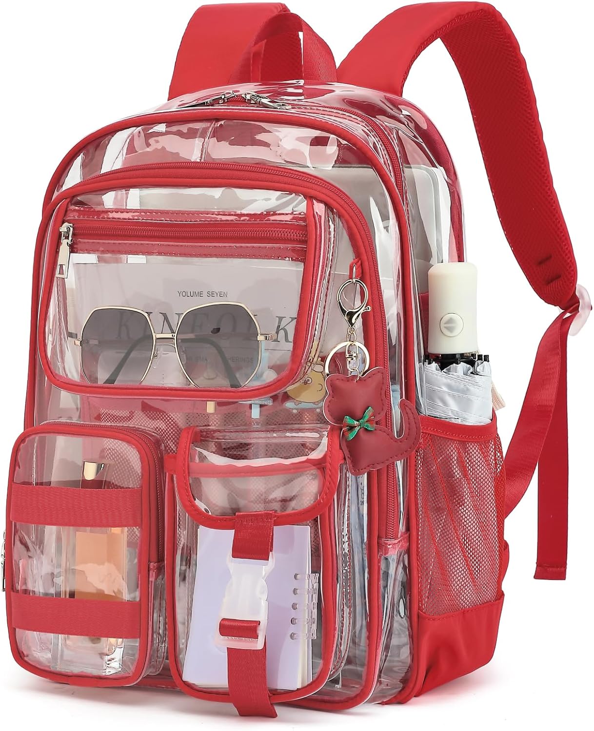 Clear Backpack for School Girls Boys Heavy Duty Transparent Backpack with Multiple Pockets, Lightweight PVC See Through Bookbag for Students-Red