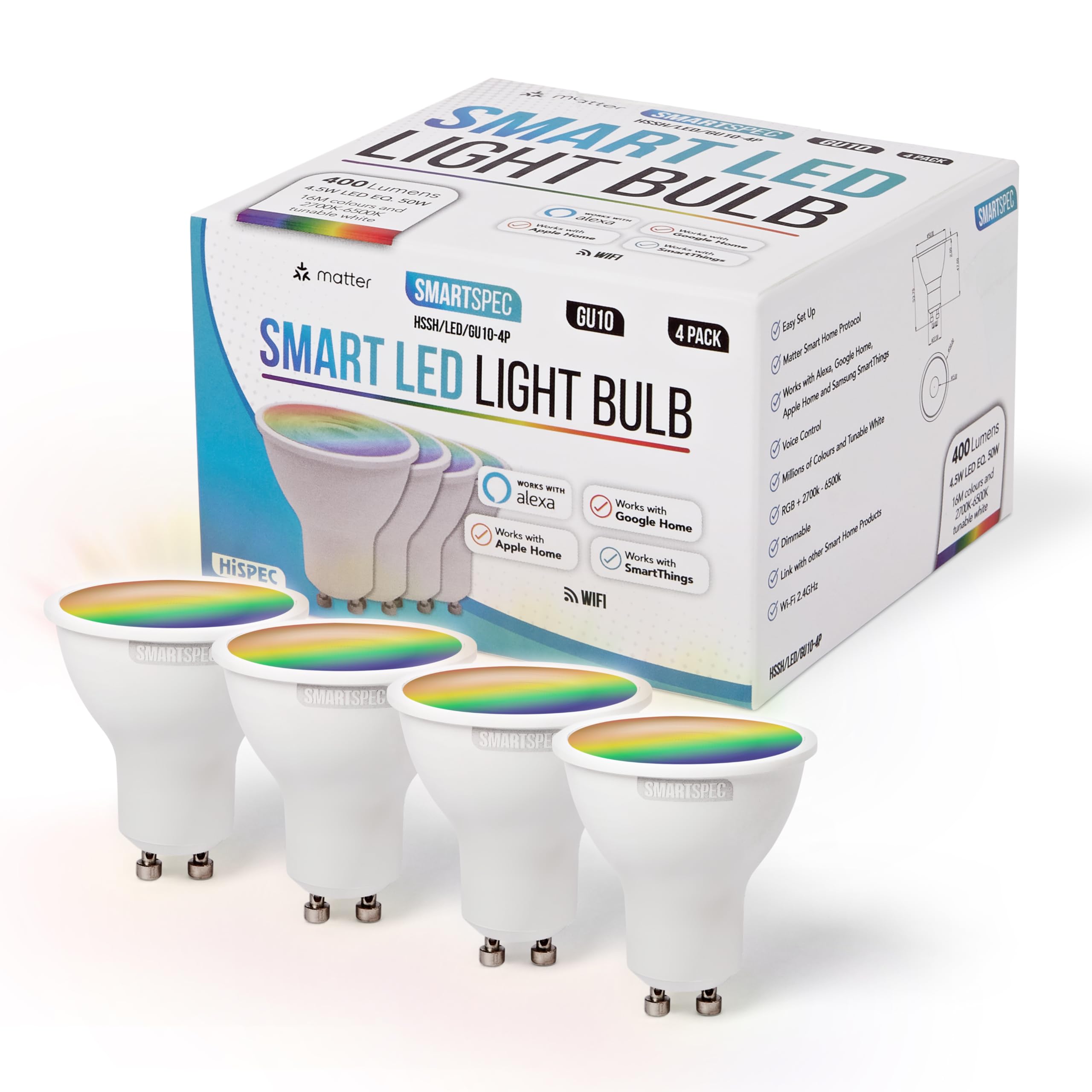 SMARTSPEC SMARTSPEC Smart Bulb 4 Pack, Smart WiFi LED Light. Works with Amazon Alexa, Google Home, Apple Home. Colour Changeable. Multicolour Smart Light Bulb ACK Matter GU10