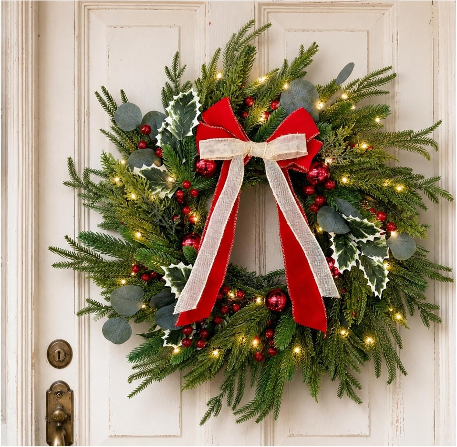 Christmas Wreath with Lights 24", Christmas Wreaths for Front Door, 50 LED