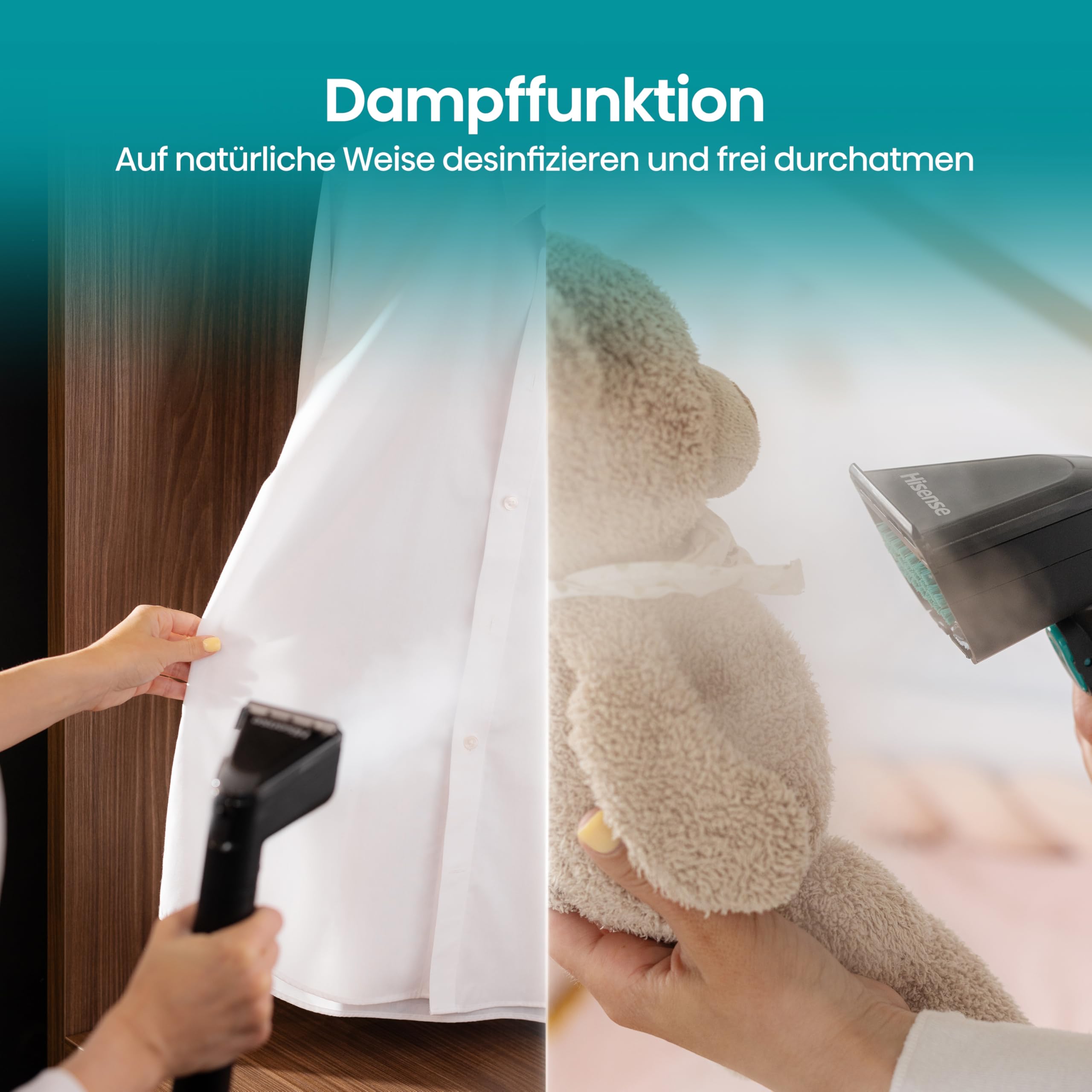 Hisense HSSC007A Dampfreiniger/ 1,8 L Wassertank/ 1500 W/ 2 in 1 Flecken- und Dampfreiniger/ 4 Reinigungsmodi/Kompakt/Selbstreinigungsfunktion/Fugenbürste, Detaildüse, Schaber und Universalbürste