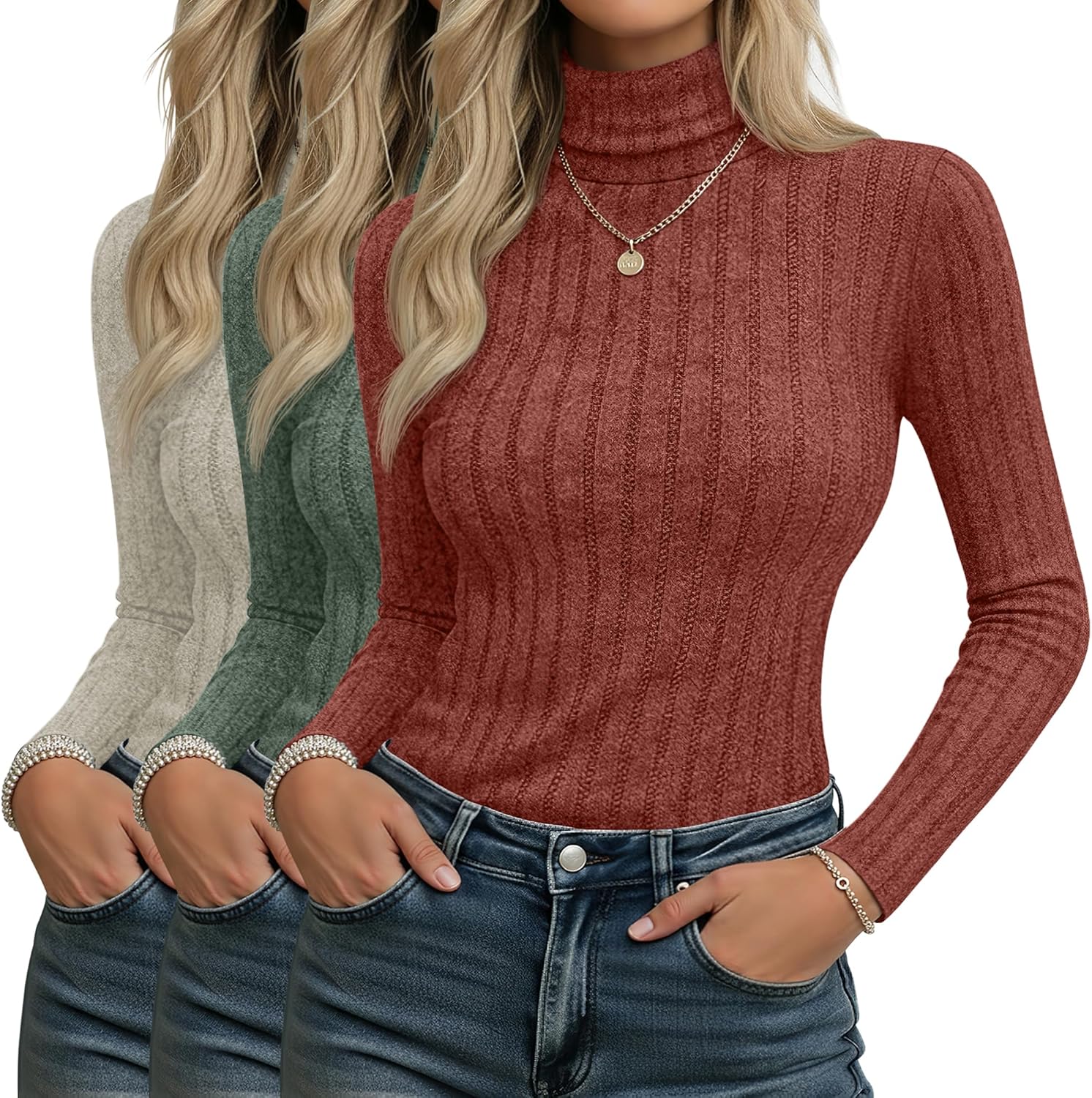 3 Pack Women's Long Sleeve Turtleneck Shirts Ribbed Knit Slim Fit Undershirts Basic Thermal Underwear Tops