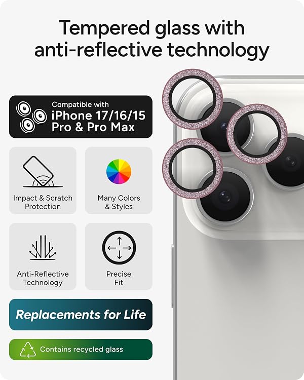 ZAGG iPhone Camera Lens Protector for iPhone 17/16/15 Pro and Pro Max Models - Pink Glitter, Camera Ring, Maximum Impact & Scratch Protection, Anti-Reflective Technology, Glass Elite by ZAGG - Image 2