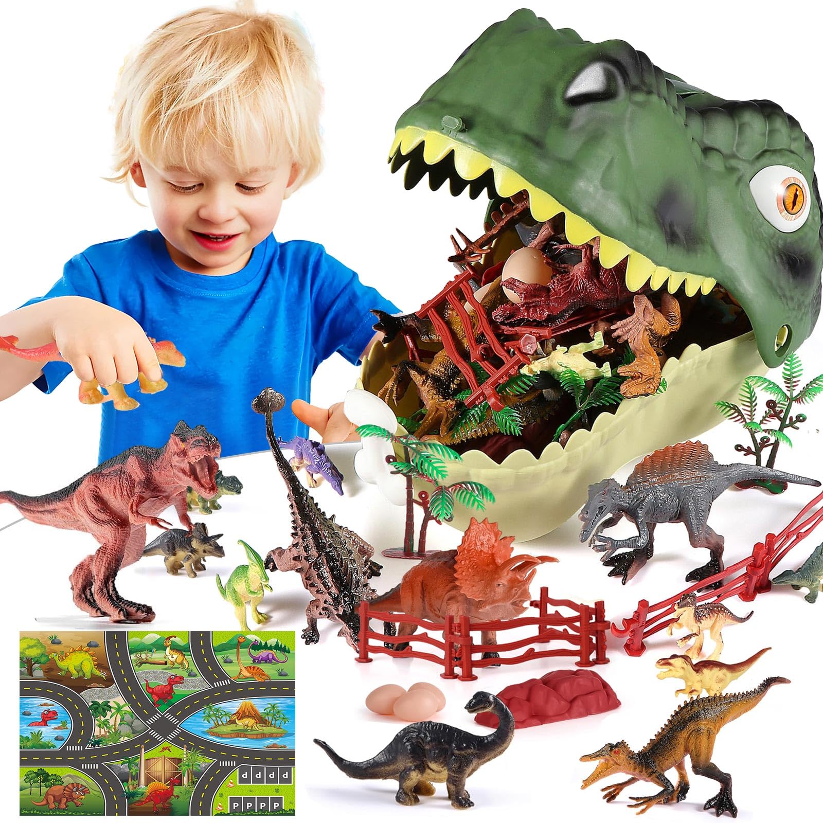 46 Piezas Juguetes Dinosaurios para Niños, ¡Alfombra Juego + Caja Rex!