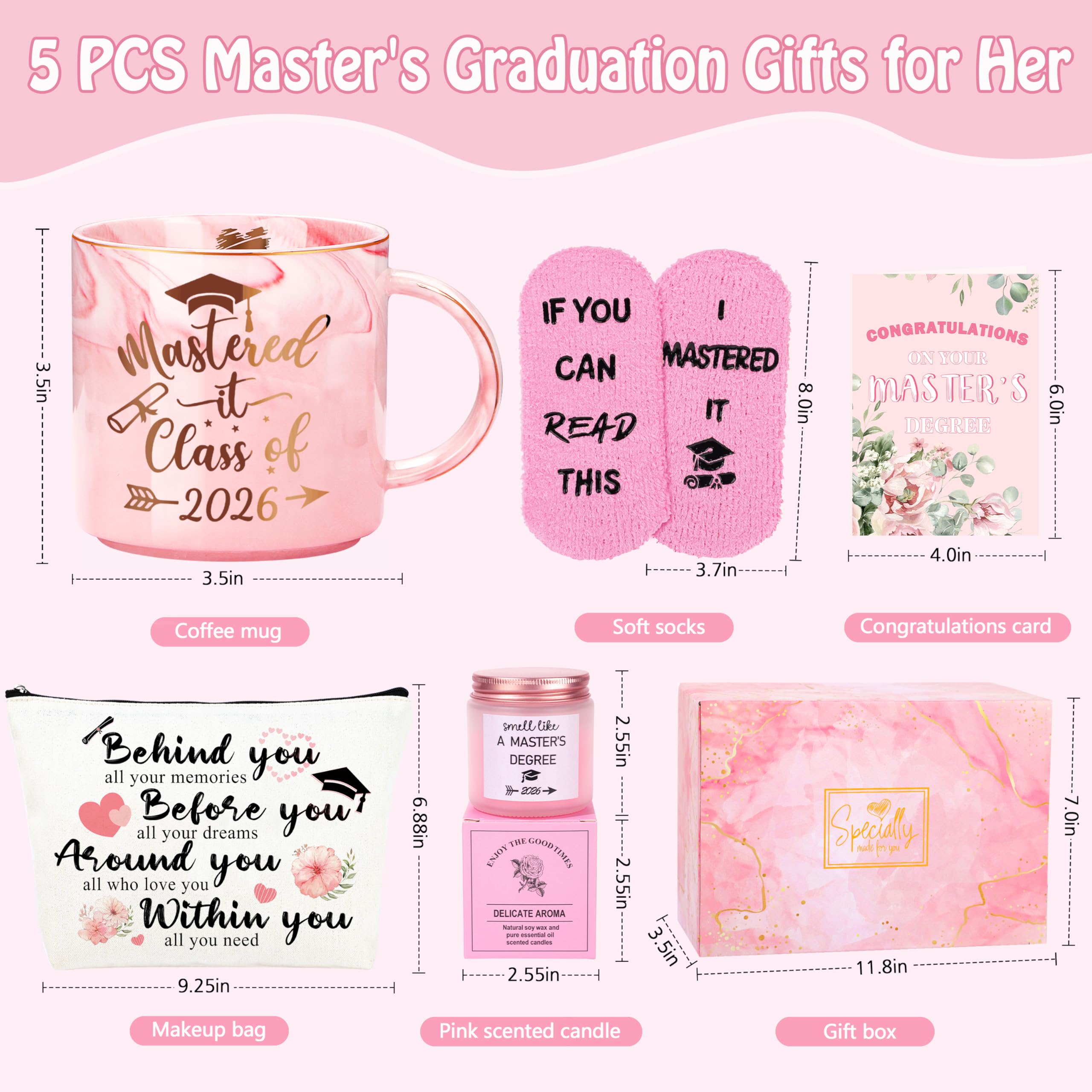 JMBMTER 2026 Graduation Gifts for Her, Masters Degree Graduation Gift Set for Women, Students, Niece, Daughter, Girlfriend, Pink Congratulations Grad Gift Baskets