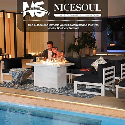Miniatura 271 de NICESOUL 7 Piece White Powder-Coated Aluminum Patio Furniture with Fire Pit Table, 29 Inch Extra Wide Outdoor Sectional Sofa for 6, High-End Heavy