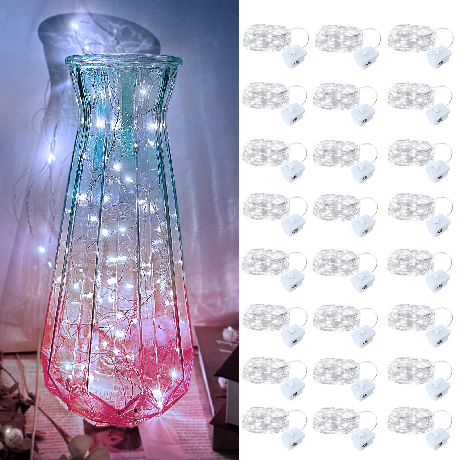 Paquete de 24 luces LED de hadas – Blanco, funciona con pilas, luces LED de alambre plateado, 7 pies, 20 luces LED mini de luciérnaga estrellada, luces LED parpadeantes impermeables para decoración de