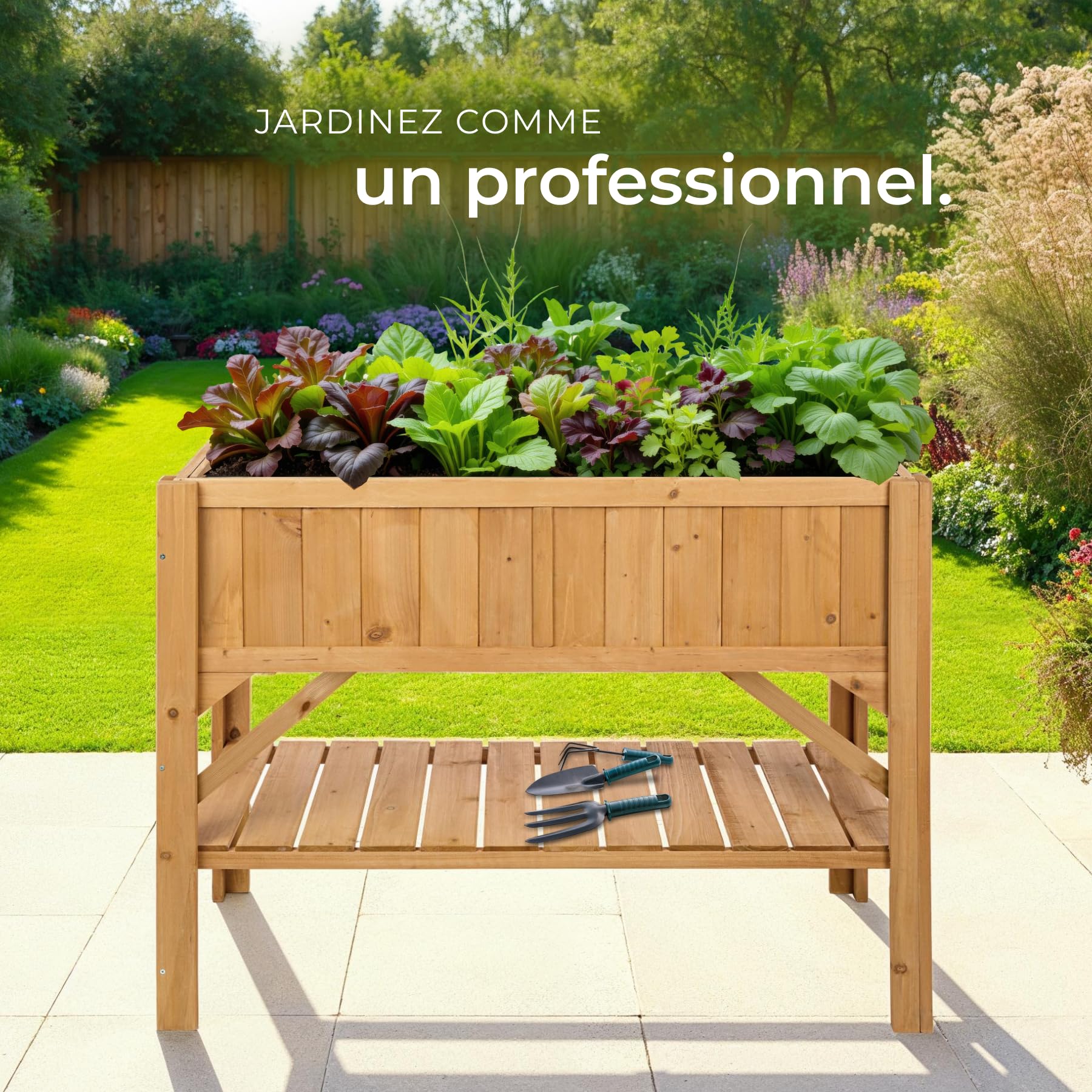 tectake® Carré Potager de Jardin sur Pied surélevé en Bois, Bac à semis Jardiniere Bois avec Rangement pour Les Outils, pour Amenagement Serre de Jardin - 119 x 57 x 90 cm