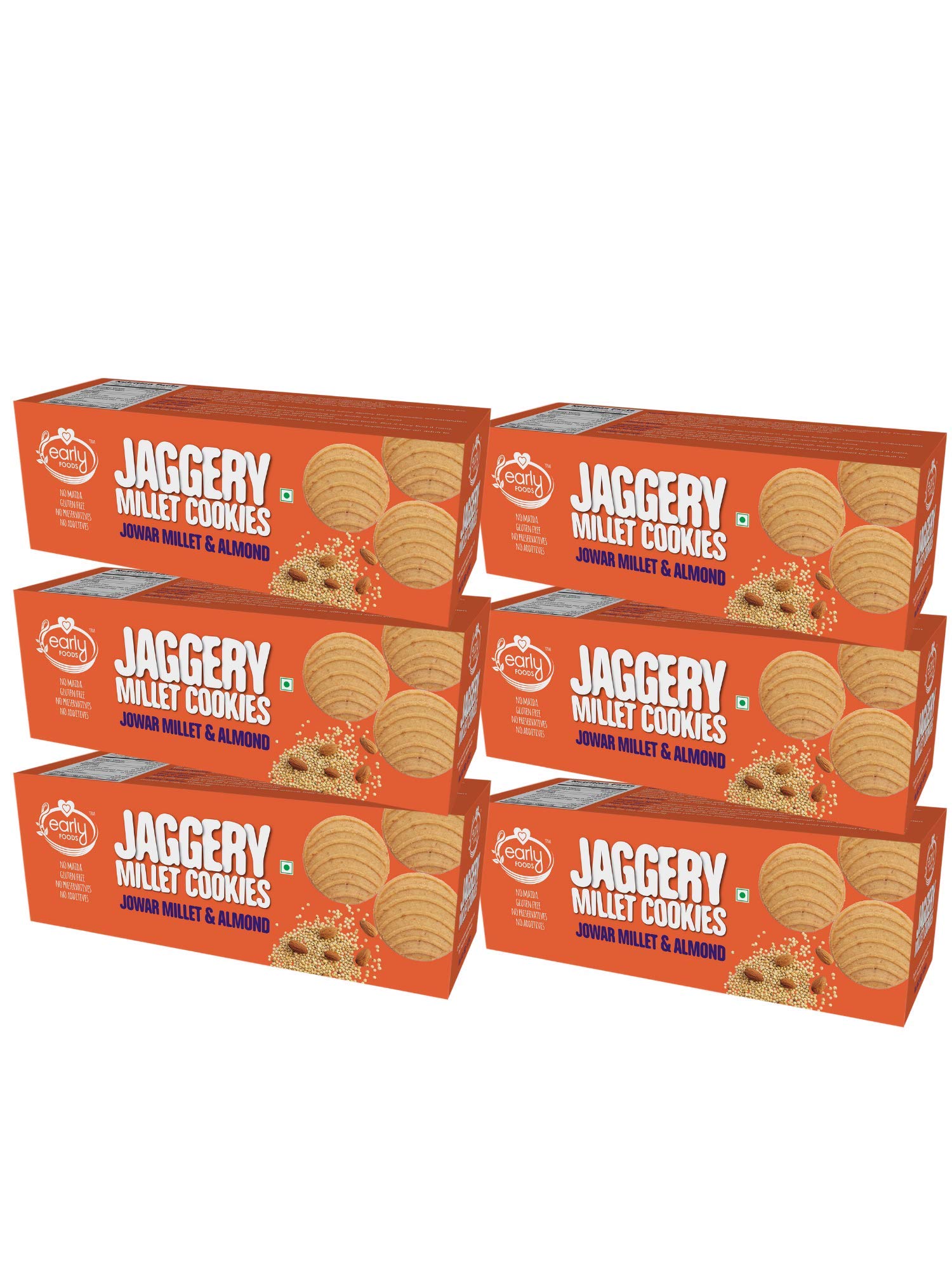 Early Foods - No Maida No Refined Sugar - Pack of 6 - Jowar & Almond Jaggery Biscuits - Kids Snacks | Jowar Cookies | No Soda | Sugar Free Biscuits | No Junk Lunch Box Snack 130g x 6