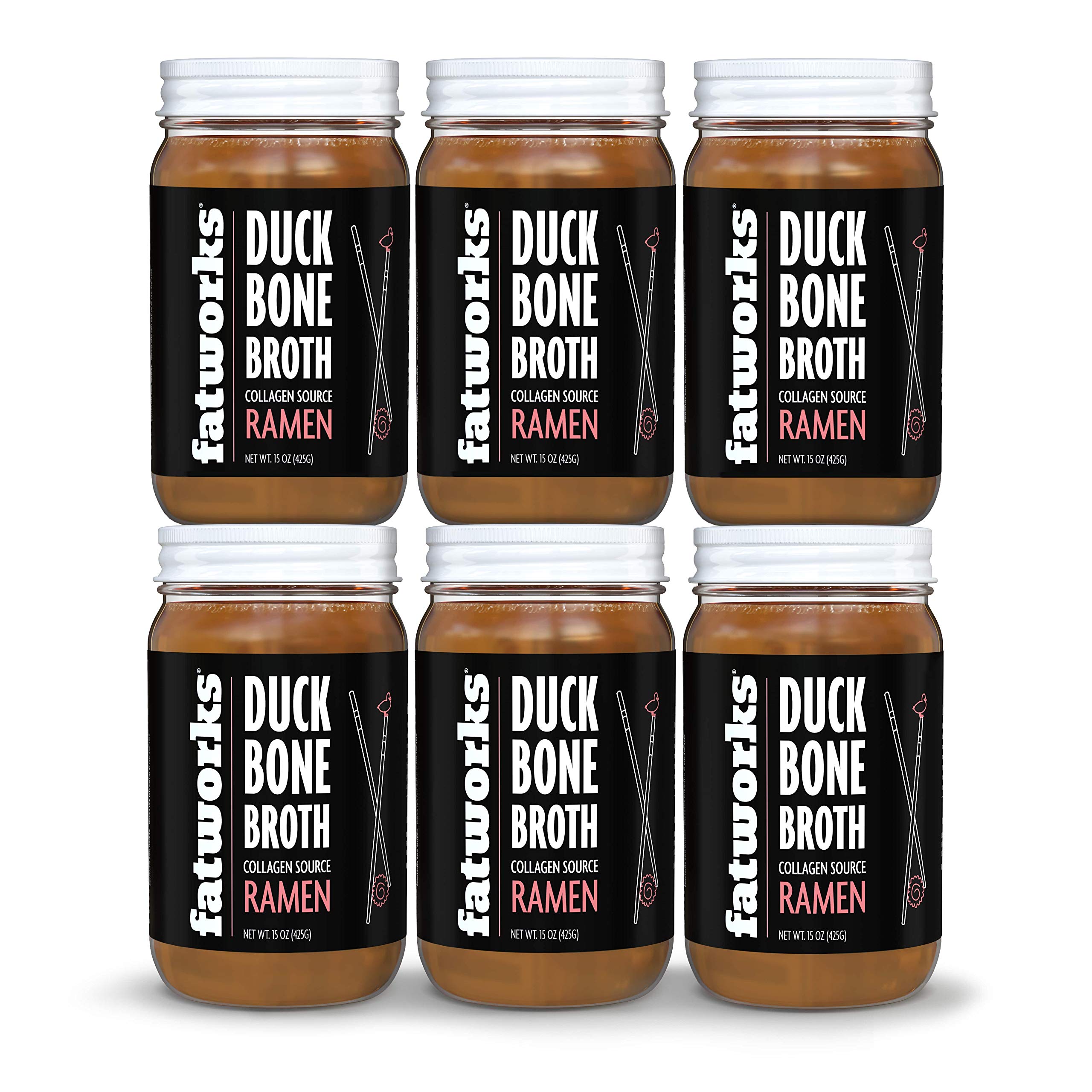 Fatworks Gourmet Cage-Free Duck Bone Broth, Ramen Flavor, Keto, Paleo, Collagen Rich, Preservative Free, 6 pack of 15 oz. Jars