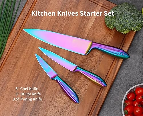 Miniatura 8 de Rainbow - Juego de cuchillos de cocina de 3 piezas, hoja de acero inoxidable alemán afilada con chef de 8 pulgadas, 5 pulgadas de utilidad, 3.5