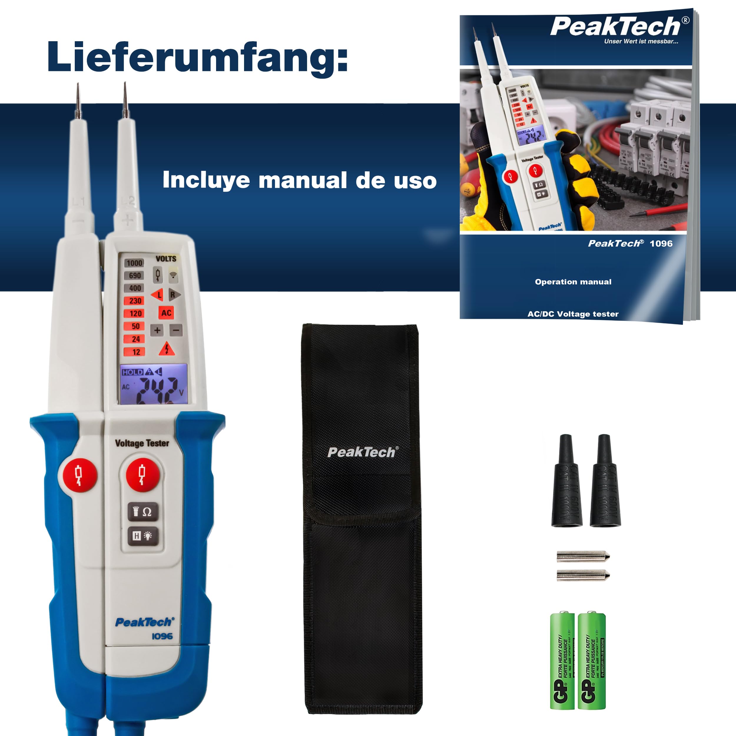 PeakTech, 1096, Comprobador de tensión CA/CC de 2 polos con doble pantalla y test RCD, protección contra polvo y agua (IP64), pantalla LCD + linterna, comprobador de continuidad