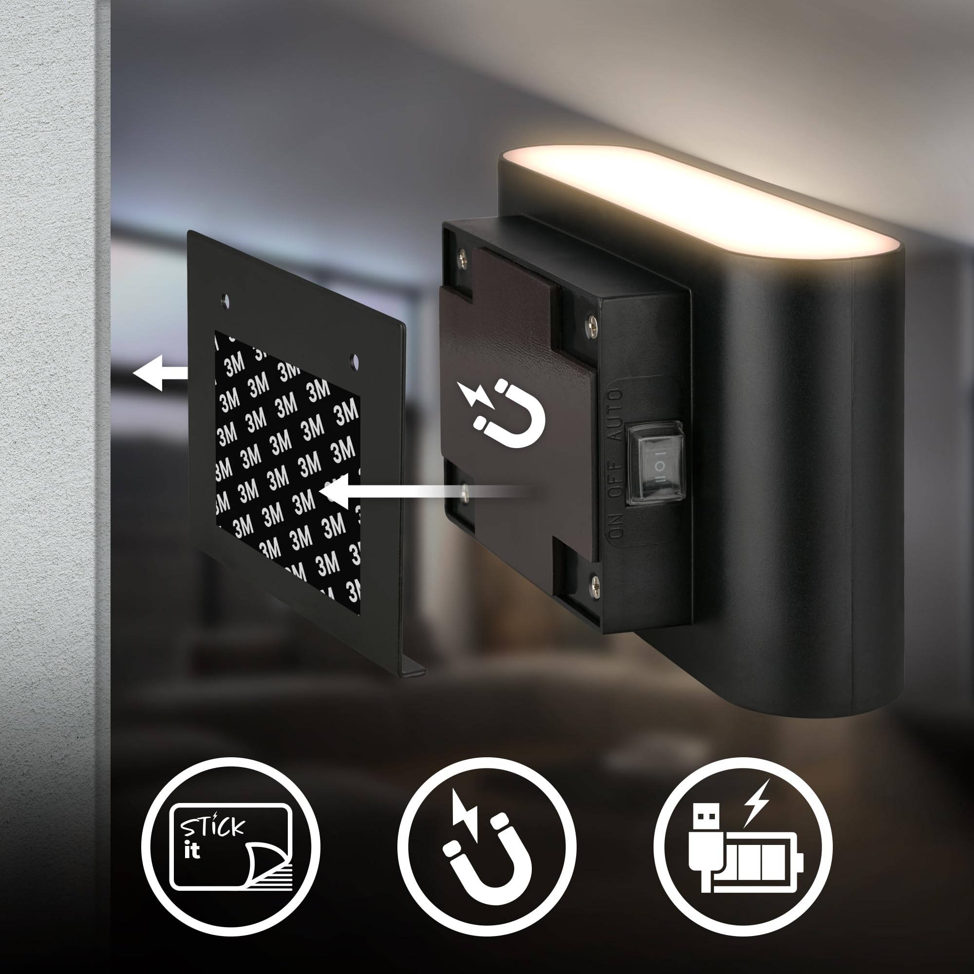 BRILONER Sticklights - Aplique pared sin cable con sensor de movimiento, batería recargable, lampara magnetica, aplique recargable, 16x9,5x6,5 cm, negro