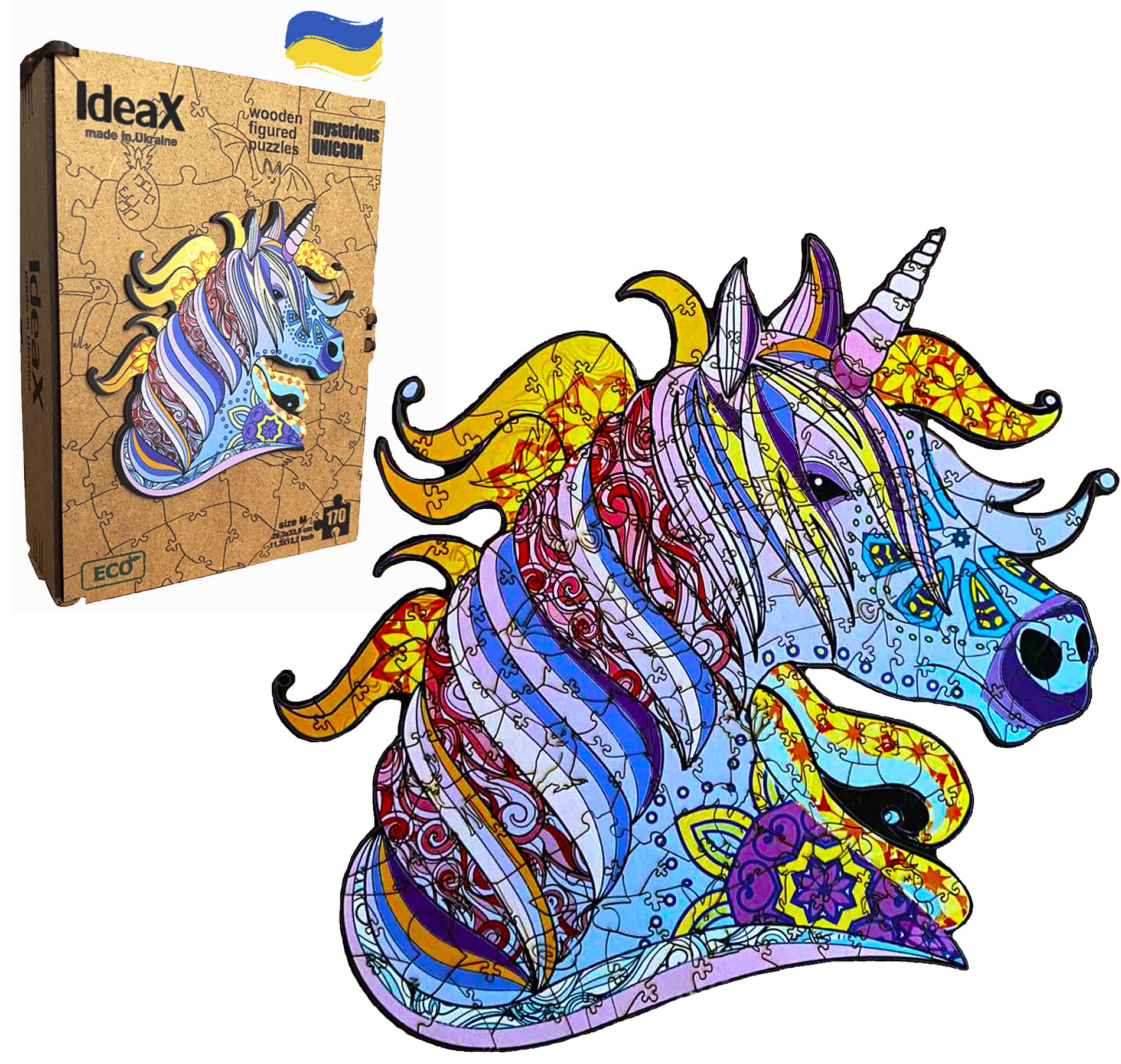IdeaX Inspiring Unicorn Shaped Wooden Jigsaw Puzzles - Medium - 170 pcs - 11.3 x 13.2-29.3 x 33.6 cm, Unique Gift for Birthday for Adults, Teens and Kids, Animal Shaped Pieces, Mysterious Unicorn